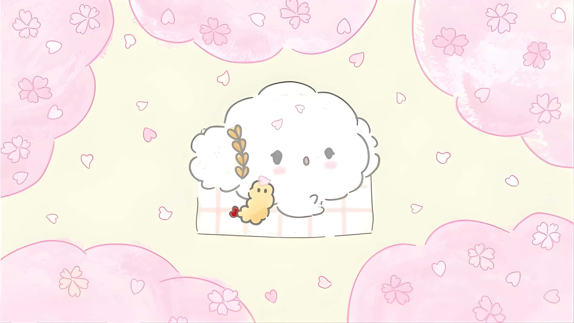  壁紙 — 一個可愛的 fluffy 雲角色，帶著一隻小雞拿著紅色心形，周圍環繞著粉紅色的櫻花雲和心形。