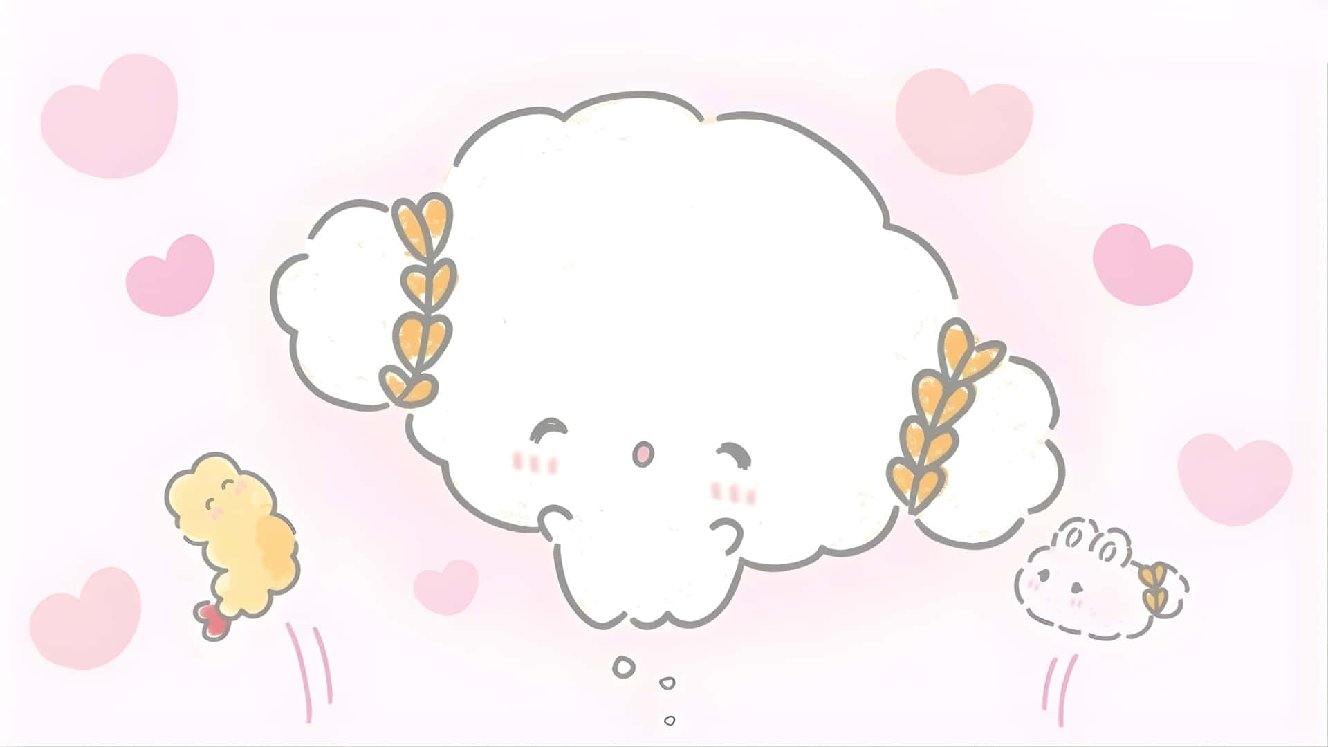  壁紙 — 一個可愛的 fluffy 雲朵，帶有小麥辮子，溫柔地微笑，周圍漂浮著粉紅色的心形，背景是柔和的粉彩。