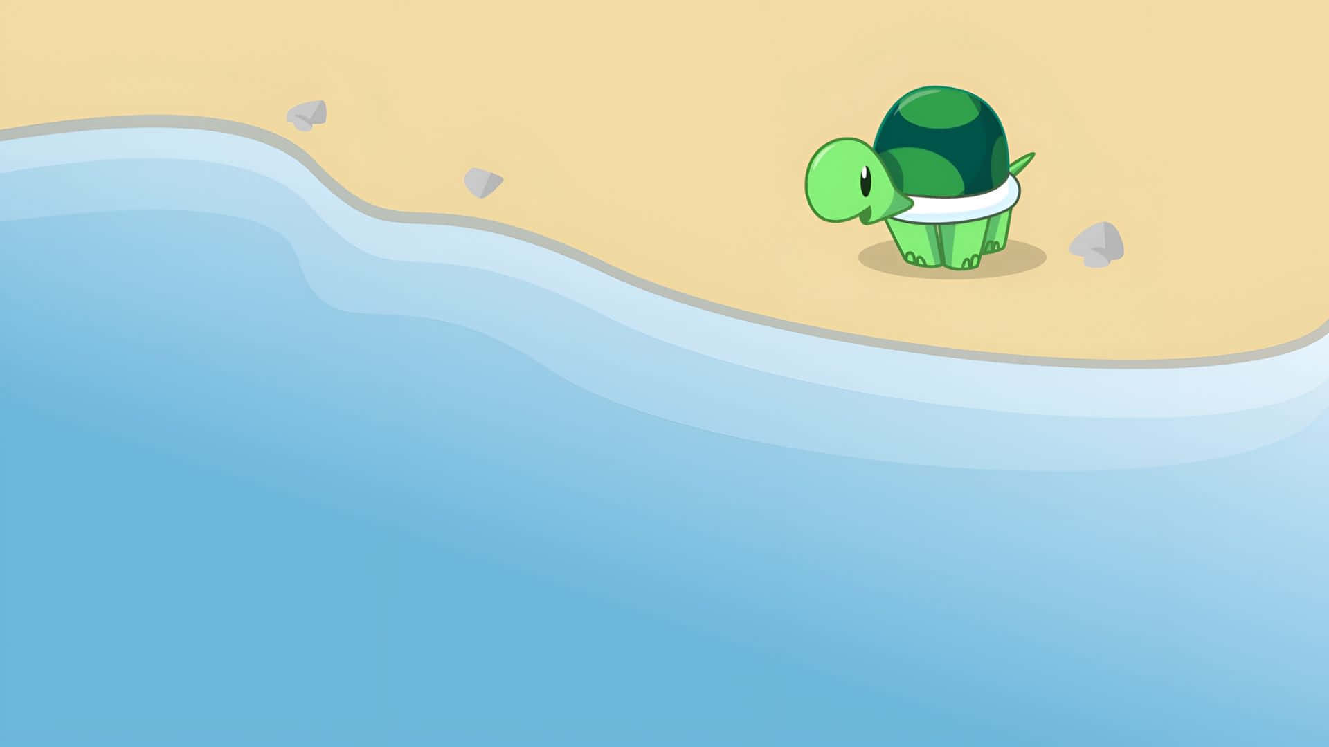  壁紙 — 一隻可愛的綠色卡通海龜站在沙灘上，旁邊是平靜的藍色海水，散落著灰色的岩石。