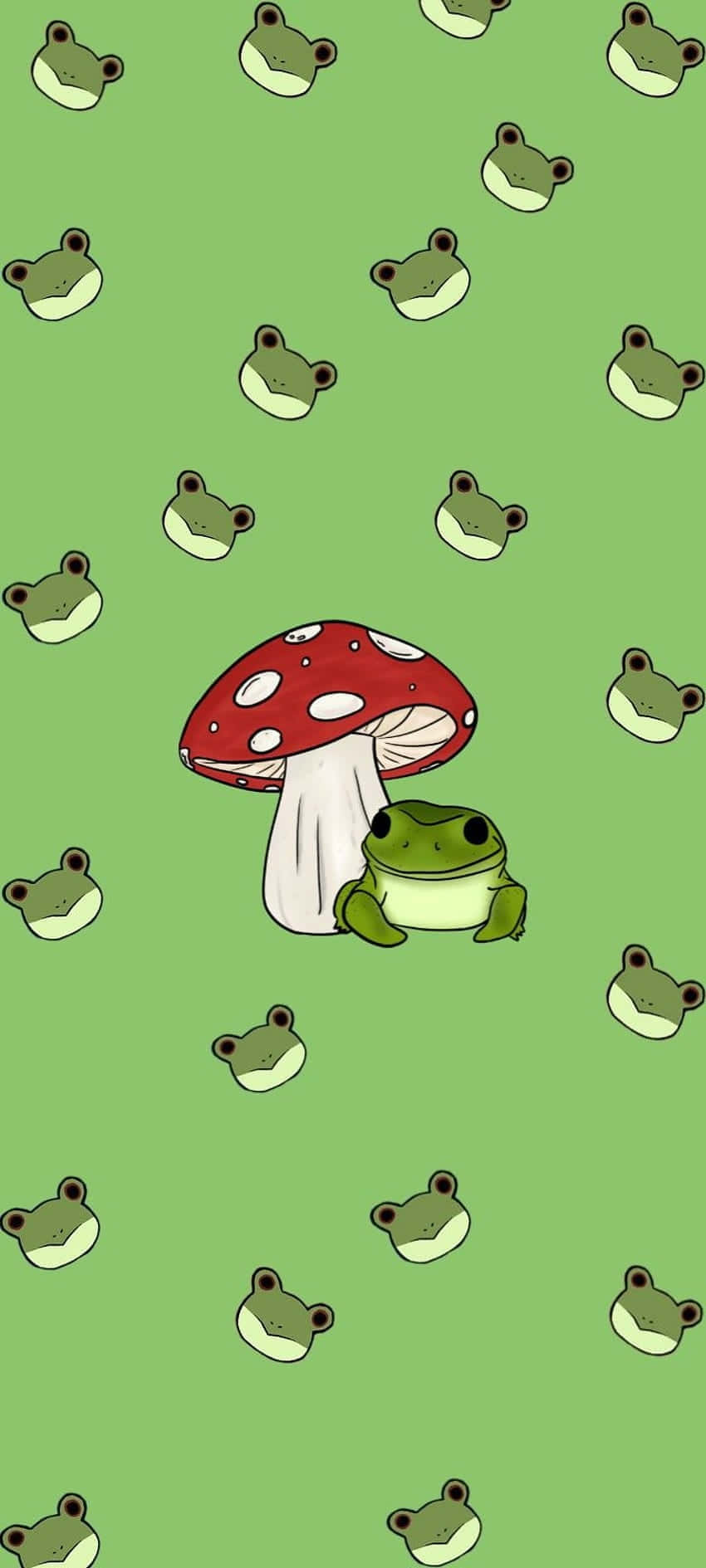  壁紙 — 一隻可愛的綠色青蛙坐在一個紅白斑點蘑菇旁邊，背景是淺綠色，充滿了較小的青蛙臉。