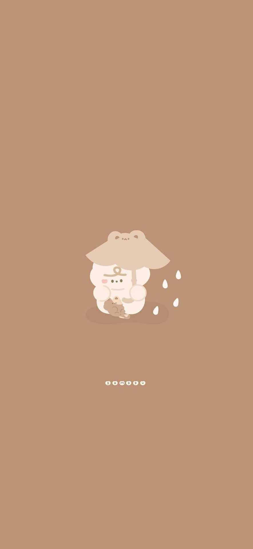  壁紙 — 一隻可愛的極簡卡通小熊，在純棕色背景上撐著蘑菇傘，雨滴落下。
