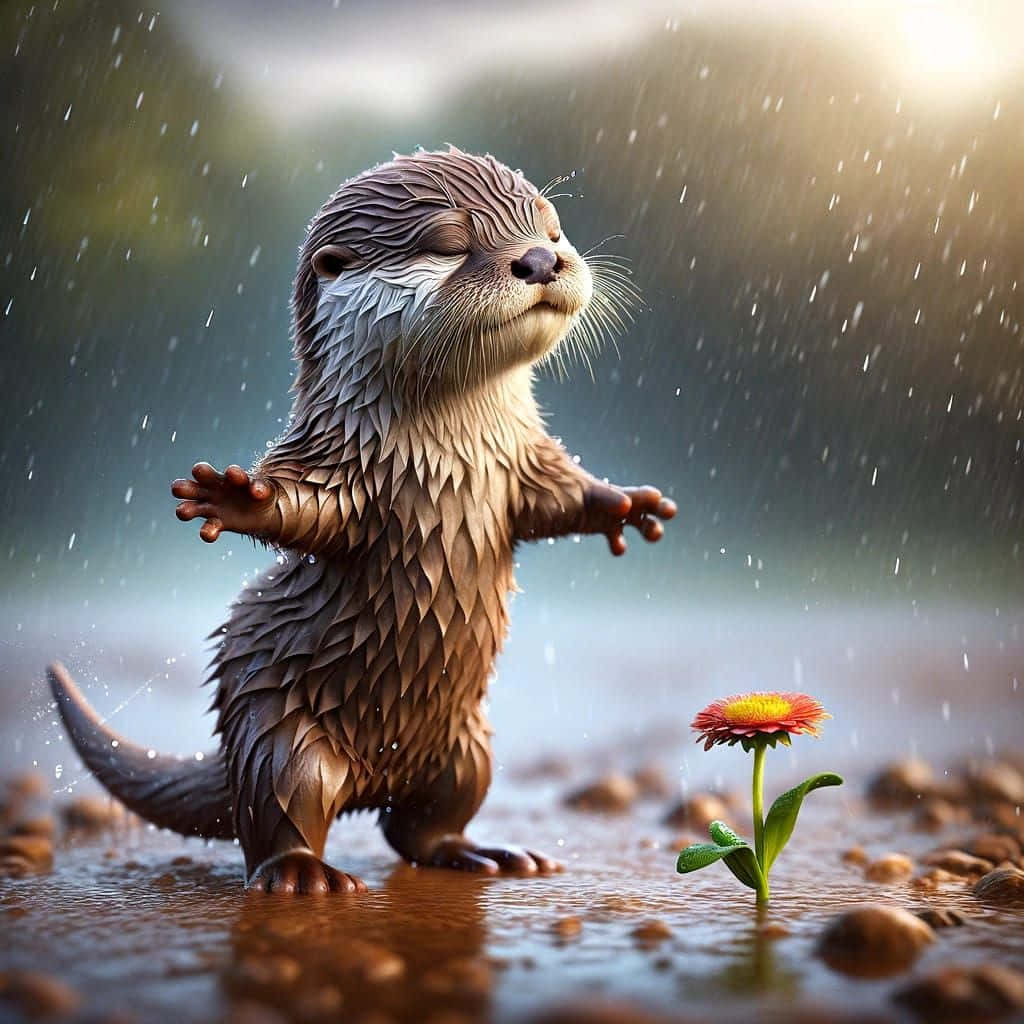  壁紙 — 一隻可愛嘅水獺企喺淺水度，合埋眼，伸開手臂，雨水喺佢周圍落下，附近有一朵紅色嘅花。