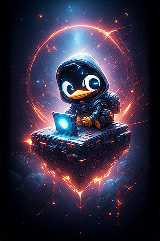 未來 Linux 賽博龐克 4K 壁紙 — 一隻可愛的企鵝穿著連帽套裝坐在漂浮的科技平台上，在熾熱的宇宙環下使用發光的筆記本電腦。