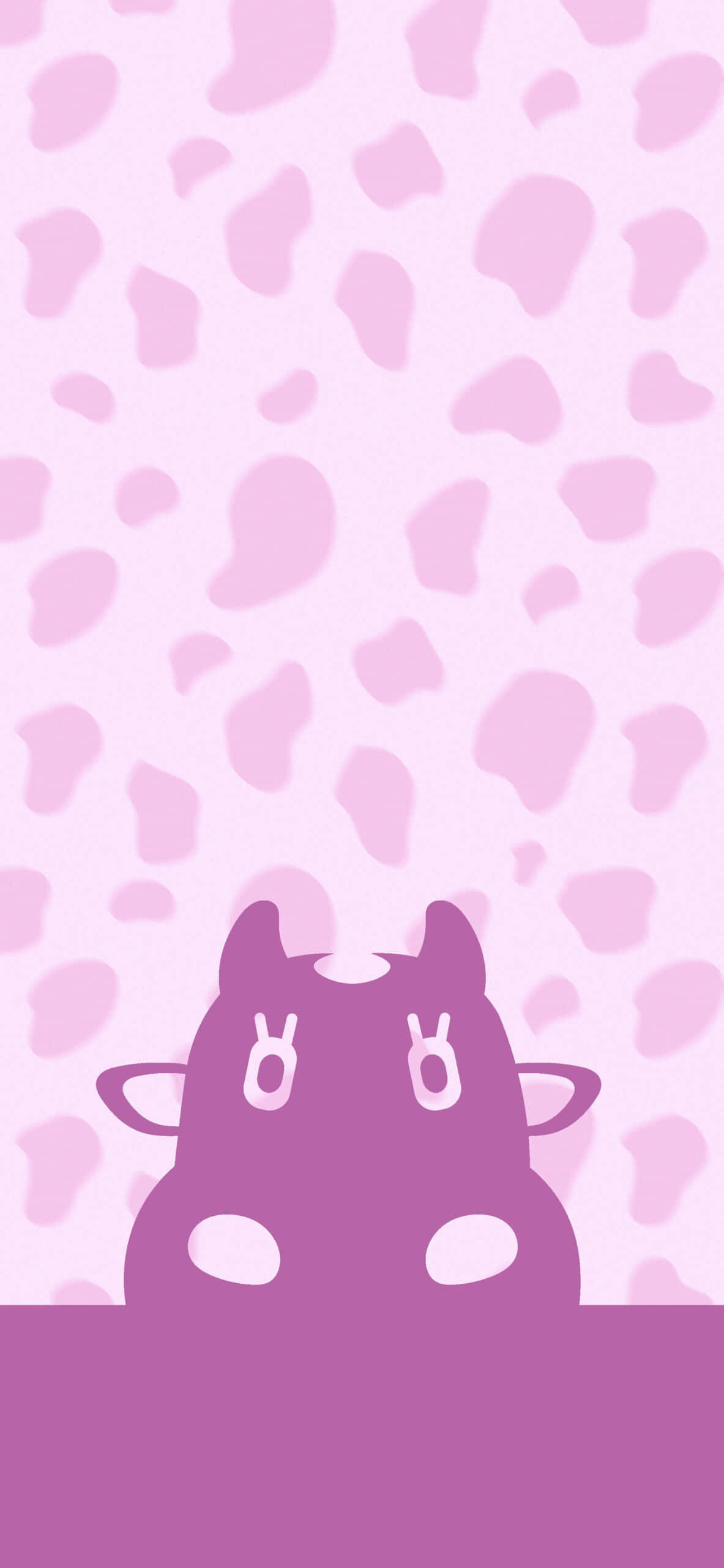 Minimalist Animal 桌布 壁紙 — 一隻可愛的紫色牛在粉紅色圓點背景上從邊緣探出頭來。