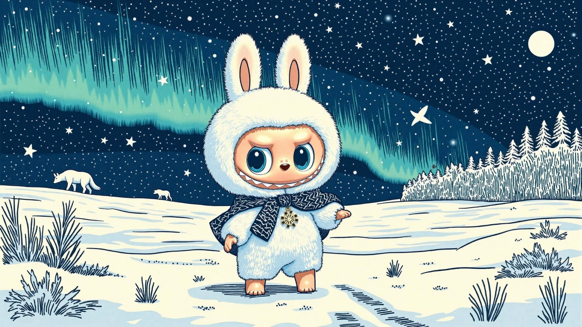  壁紙 — 一隻可愛的兔子穿著蓬鬆的冬季服裝，站在雪地裡，星空下伴有北極光和狐狸。