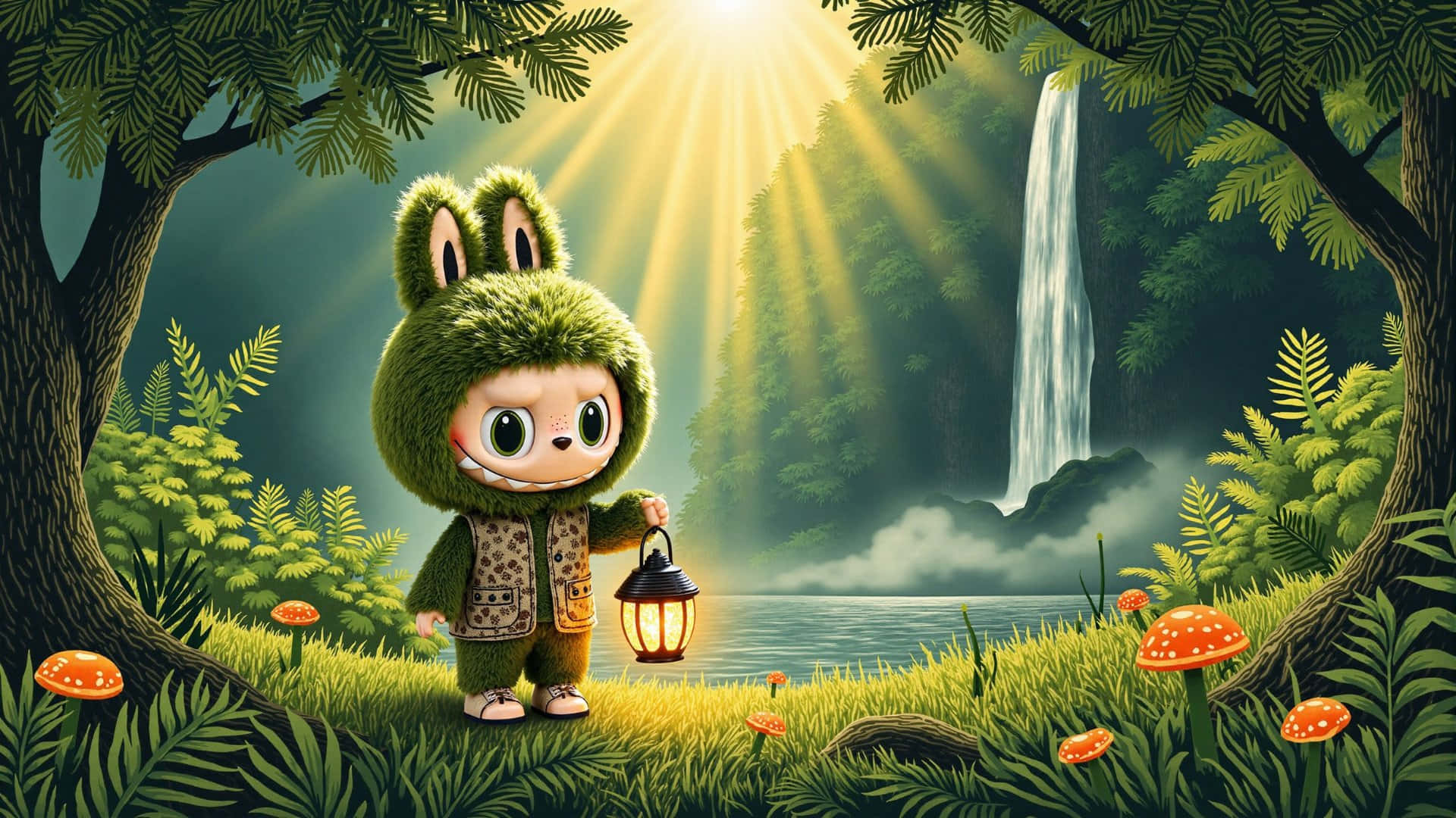  壁紙 — 一個戴著苔蘚兜帽的可愛兔子般生物，在陽光明媚的森林中，瀑布附近提著燈籠，周圍有發光的蘑菇。