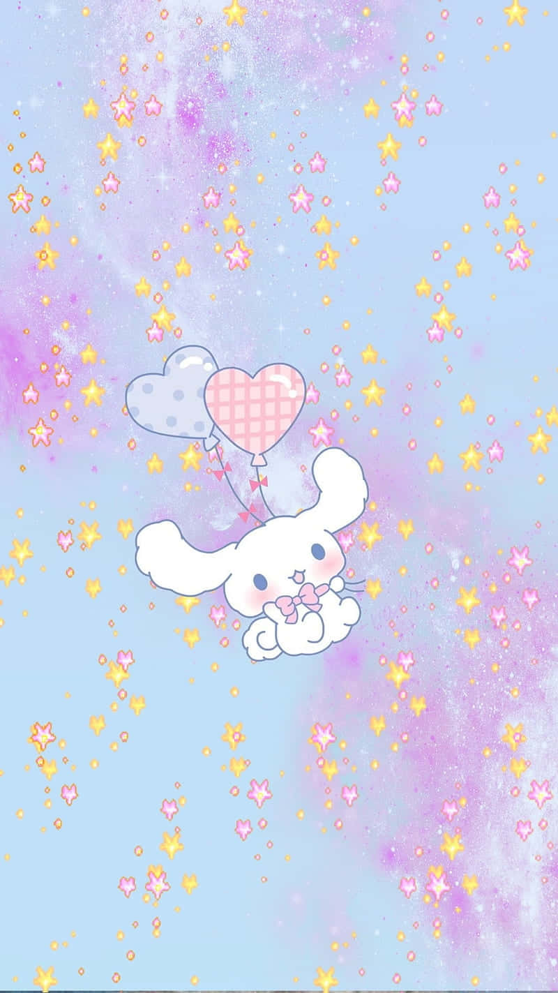  壁紙 — 一隻可愛的白兔在粉彩天空下，於閃爍的星星和心形之間快樂地漂浮。