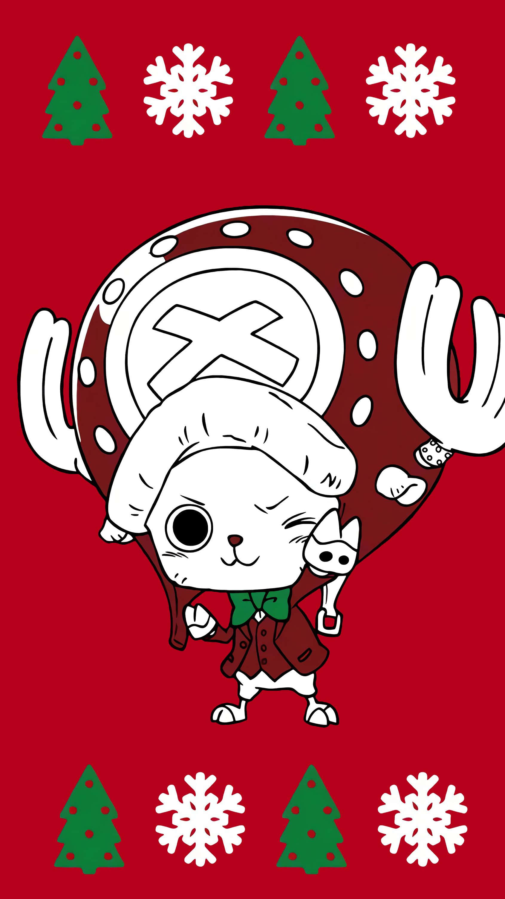 One Piece Christmas 桌布 壁紙 — 一隻可愛的白色貓咪角色，身穿紅色外套和綠色蝴蝶結，在節日紅色背景前拿著巨大的糖果手杖帽子，背景有綠色樹木和白色雪花。