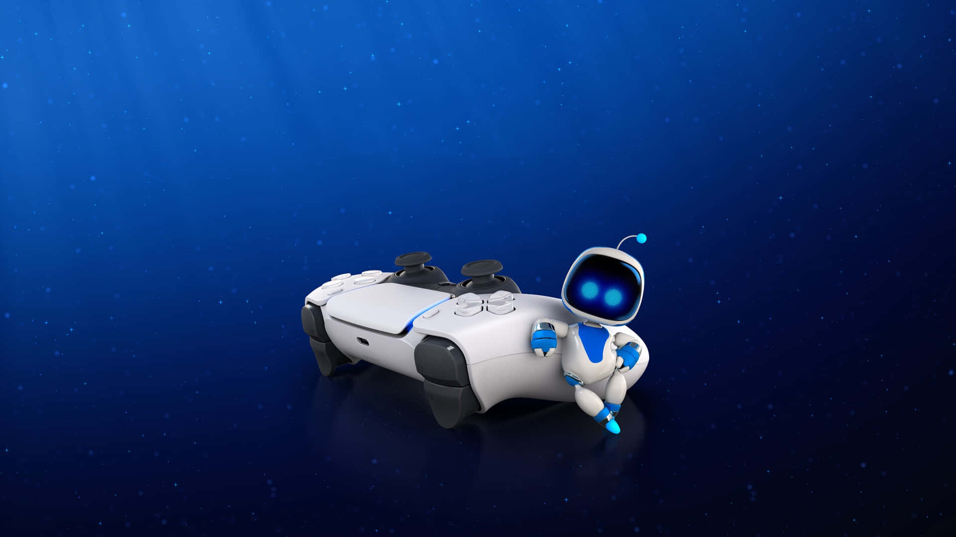  壁紙 — 一個可愛的白色機械人，有著發光的藍色眼睛，坐在PlayStation 5控制器旁邊，背景是深藍色的星空。