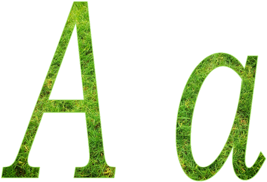 綠草紋理字母A 壁紙 — 粗體大寫A和小寫a字母，充滿鮮豔的綠色草紋理，背景為黑色。
