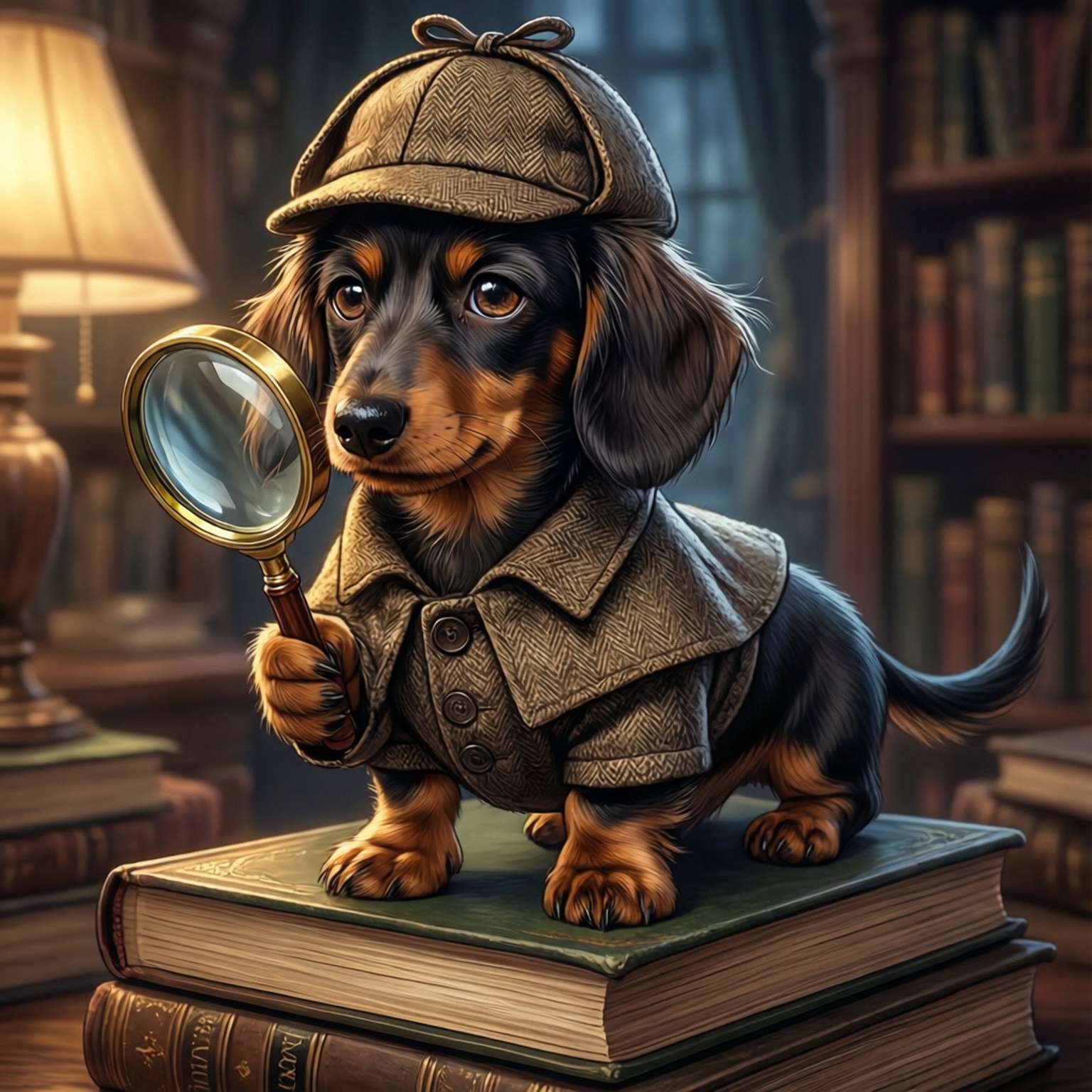 偵探臘腸犬 壁紙 — 一隻臘腸狗偵探穿著粗花呢外套和獵鹿帽，拿著放大鏡，棲息在舒適圖書館裡堆疊的書本上。