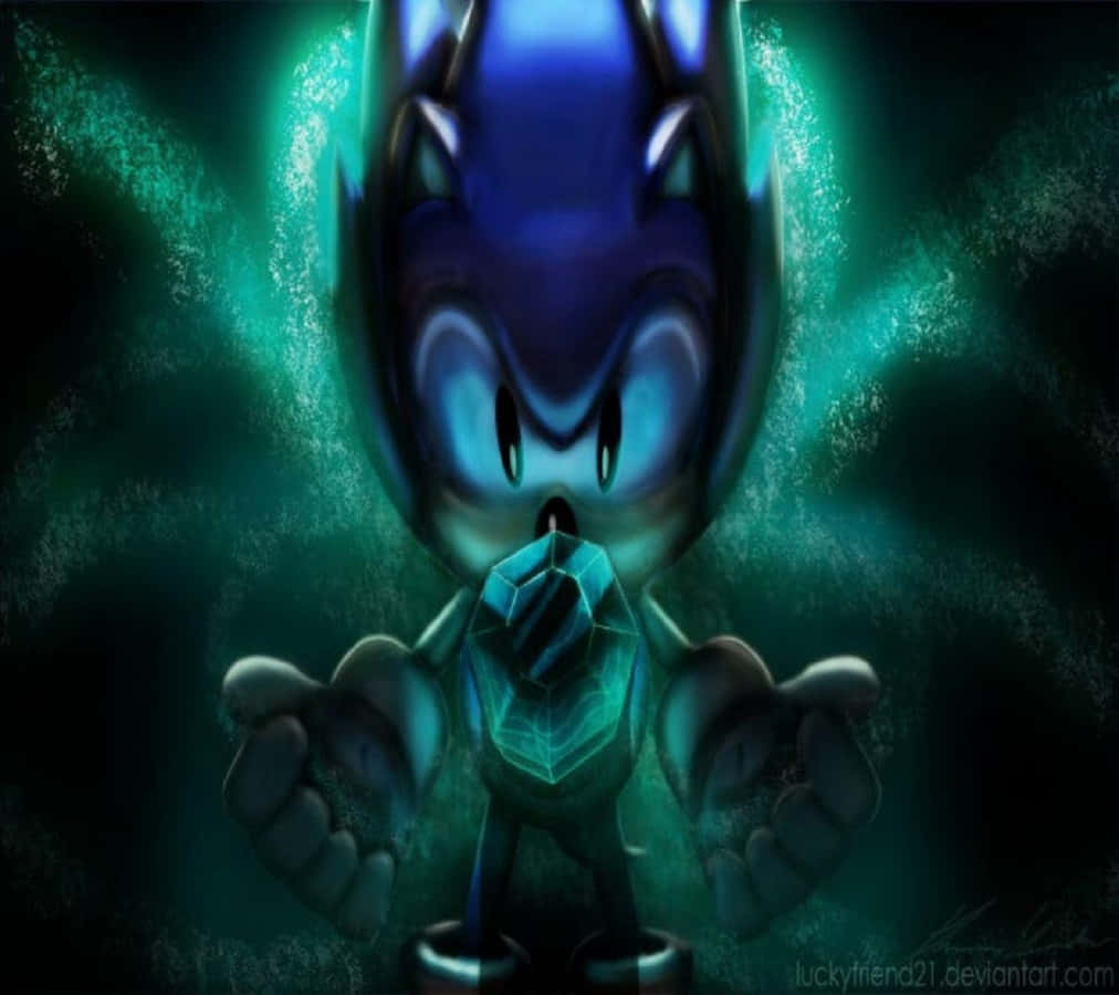Chaos Emeralds 桌布 壁紙 — 一隻深藍色的刺蝟，眼睛發光，手持一顆發光的綠色寶石，背景是旋轉的藍綠色和黑色。