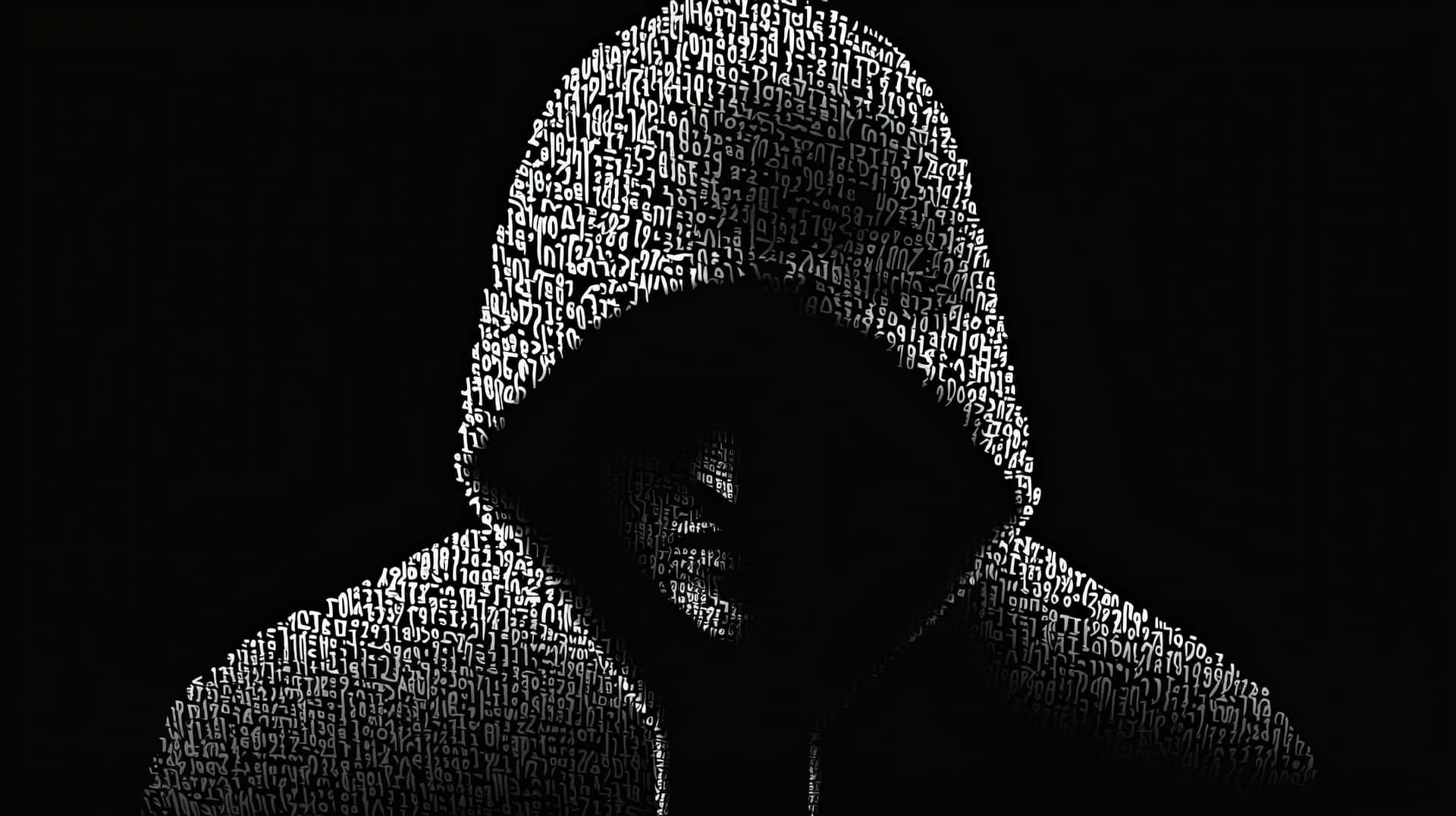 A dark digital artwork of an anonymous hooded figure constructed from numbers, symbolizing hacking, 壁紙 — 一個戴著兜帽的人物剪影，由白色二進制代碼在純黑背景上如瀑布般形成。