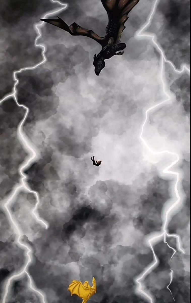  壁紙 — 一條黑暗巨龍在暴風雨中翱翔，一個小人影在其下方墜落，一條金色巨龍從下方注視著。