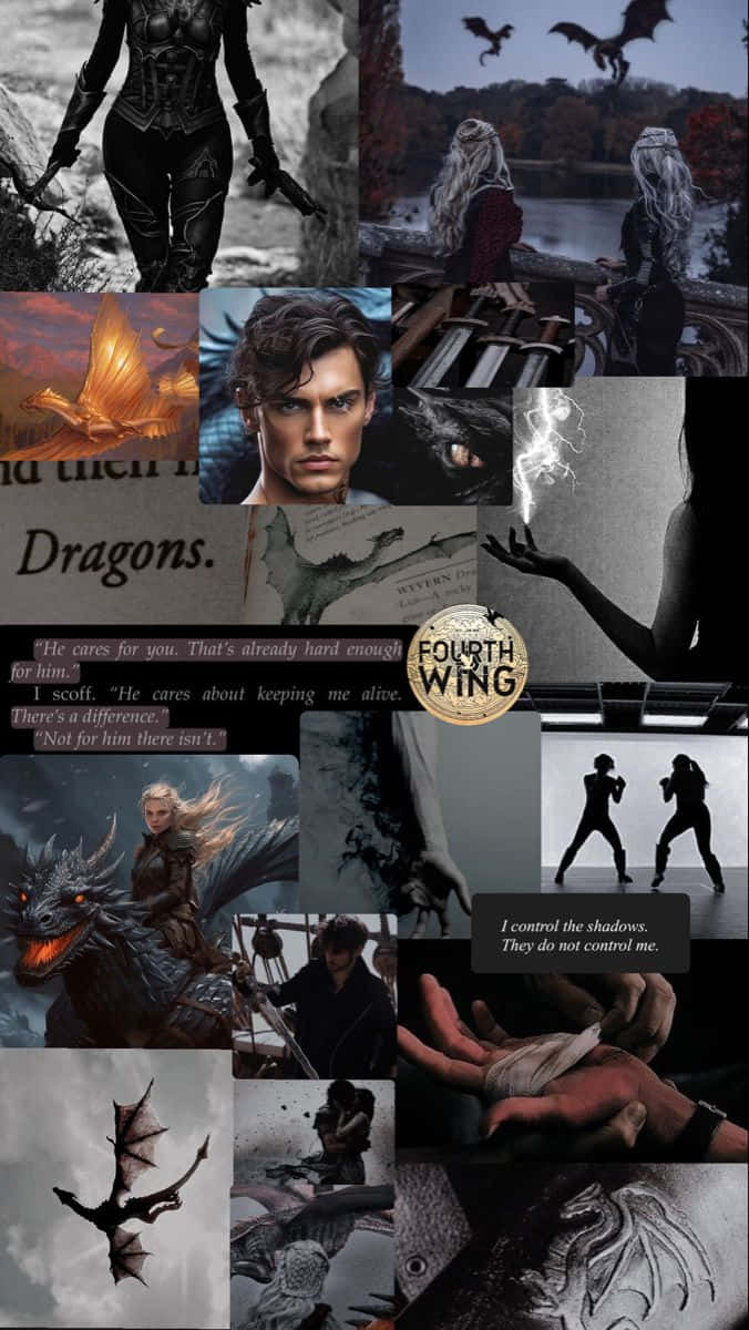 壁紙 — 黑暗奇幻拼貼畫， featuring 龍、裝甲戰士和陰影人物，附有《Fourth Wing》的語錄。