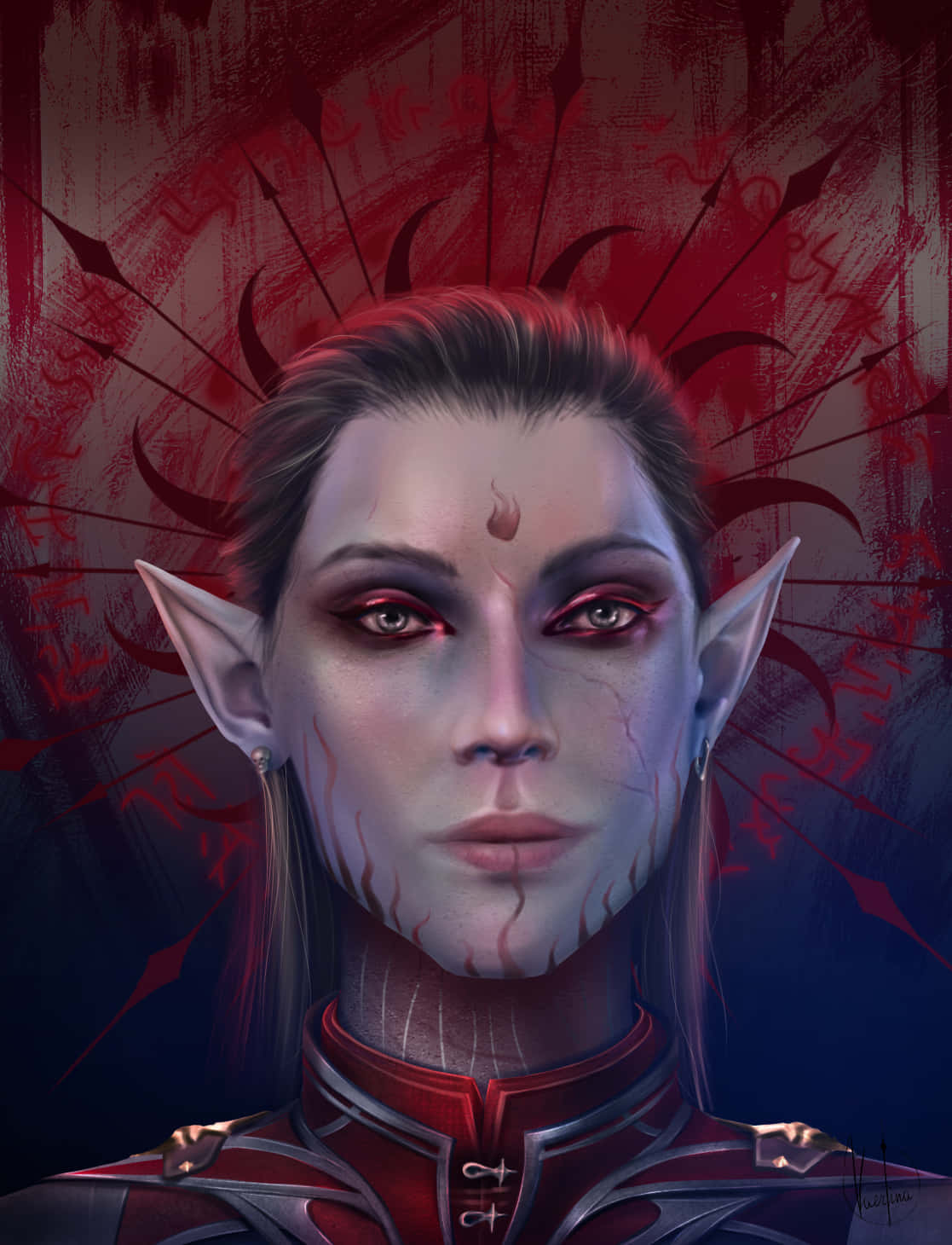 Baldur's Gate 3 Phone 桌布 壁紙 — 一個黑暗奇幻的精靈，有著紅色的眼睛和角，在血紅色骯髒的背景前強烈地凝視著。