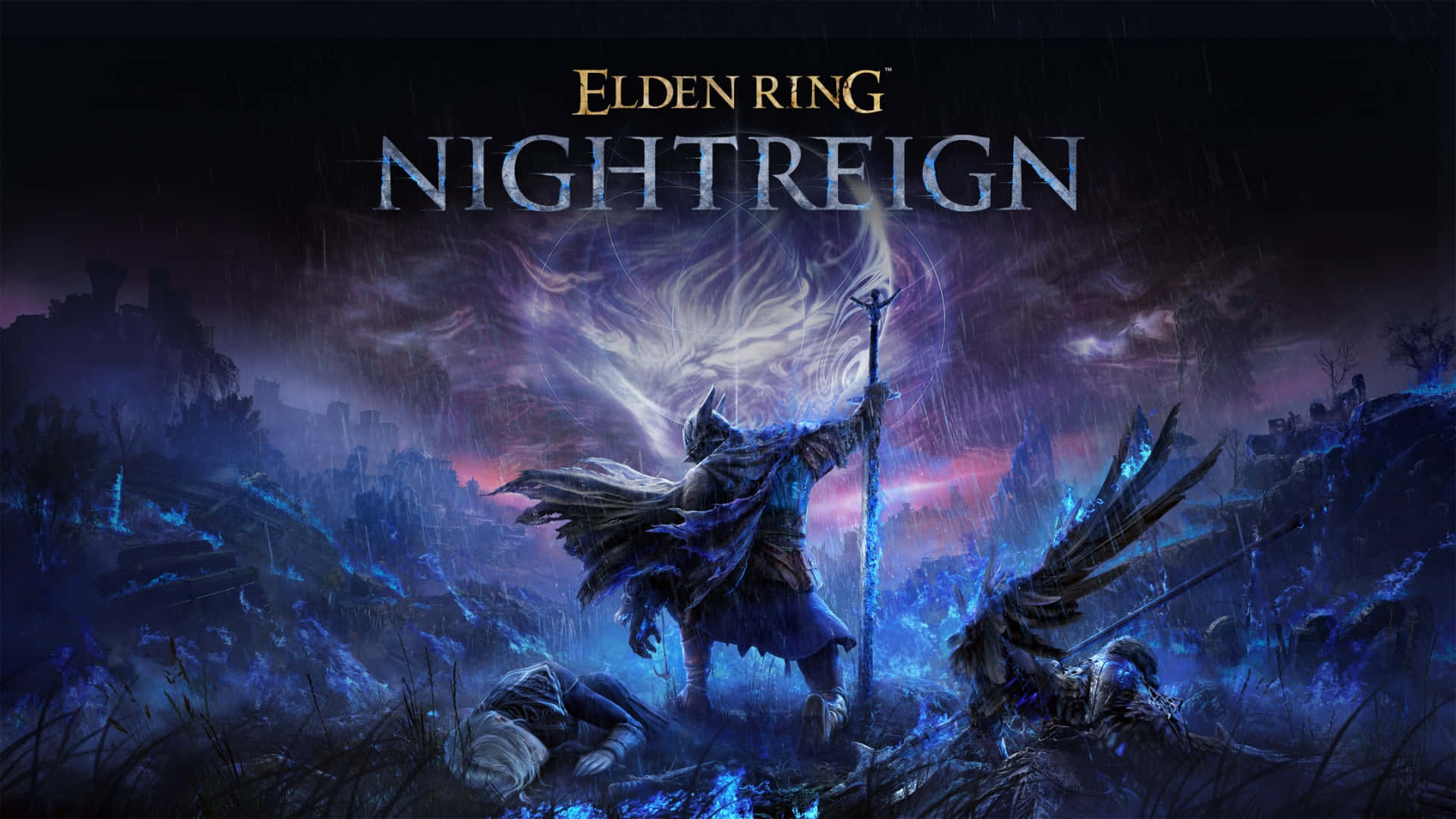  壁紙 — 一位黑暗奇幻戰士，擁有發光的翅膀和火焰法杖，在破碎的月亮下，站在風暴肆虐的紫色戰場上，威風凜凜。
