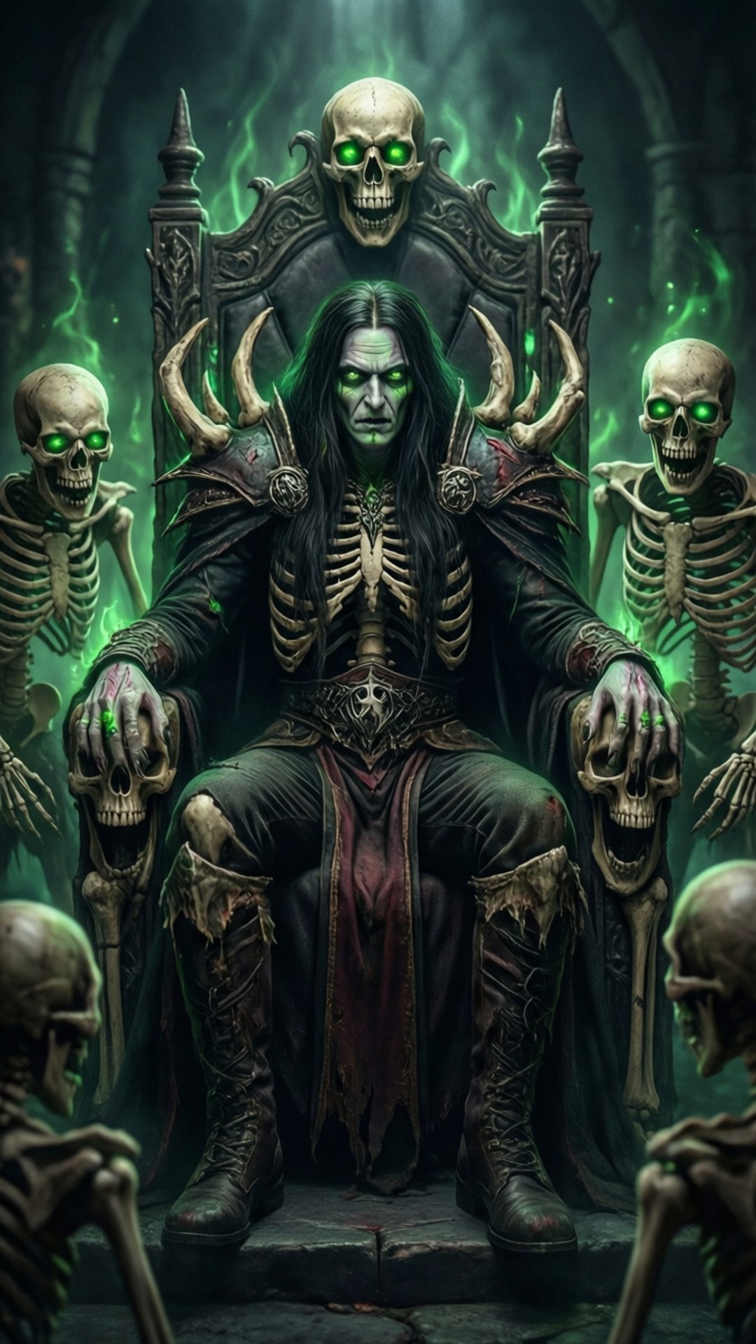 Lich King's Throne 壁紙 — 一位擁有發光綠色眼睛和骷髏手的黑暗領主坐在哥德式大教堂的王座上，周圍環繞著發光的綠色骷髏。