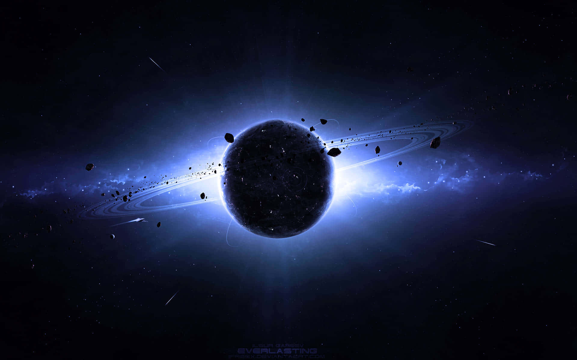 一顆黑暗行星，在深空中帶有發光的藍色光環和漂浮的小行星。