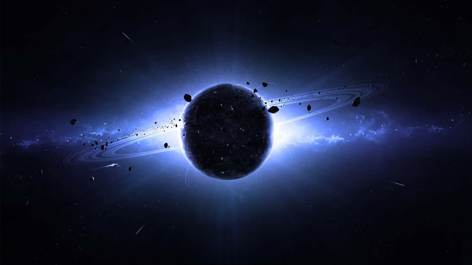 一顆黑暗的行星，在深空中帶有發光的藍色光環和漂浮的小行星。
