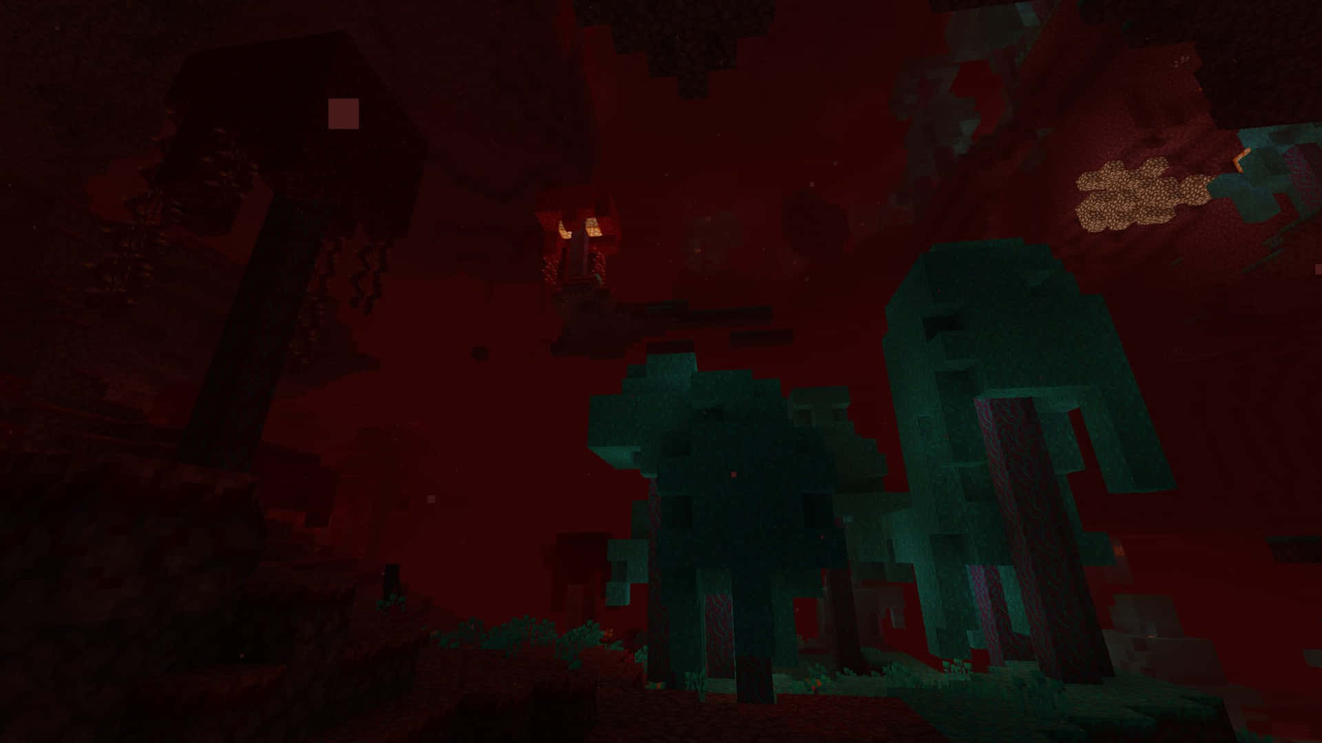  壁紙 — 暗紅色像素化嘅Minecraft地獄景觀，有發光嘅熔岩同方塊樹，天空充滿威脅感。