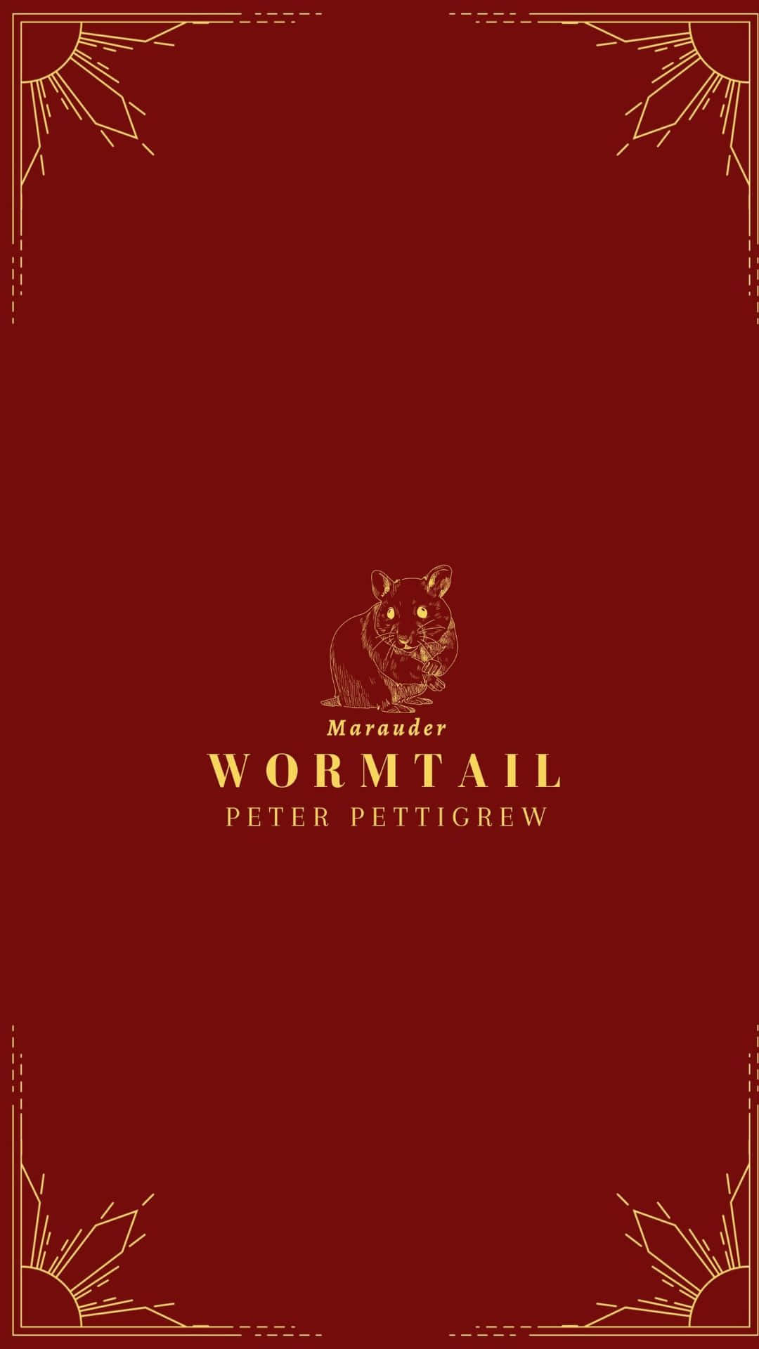 壁紙 — 深紅色書封面，標題「Wormtail」上方有一隻金色插圖老鼠，角落飾有華麗的太陽光線圖案。