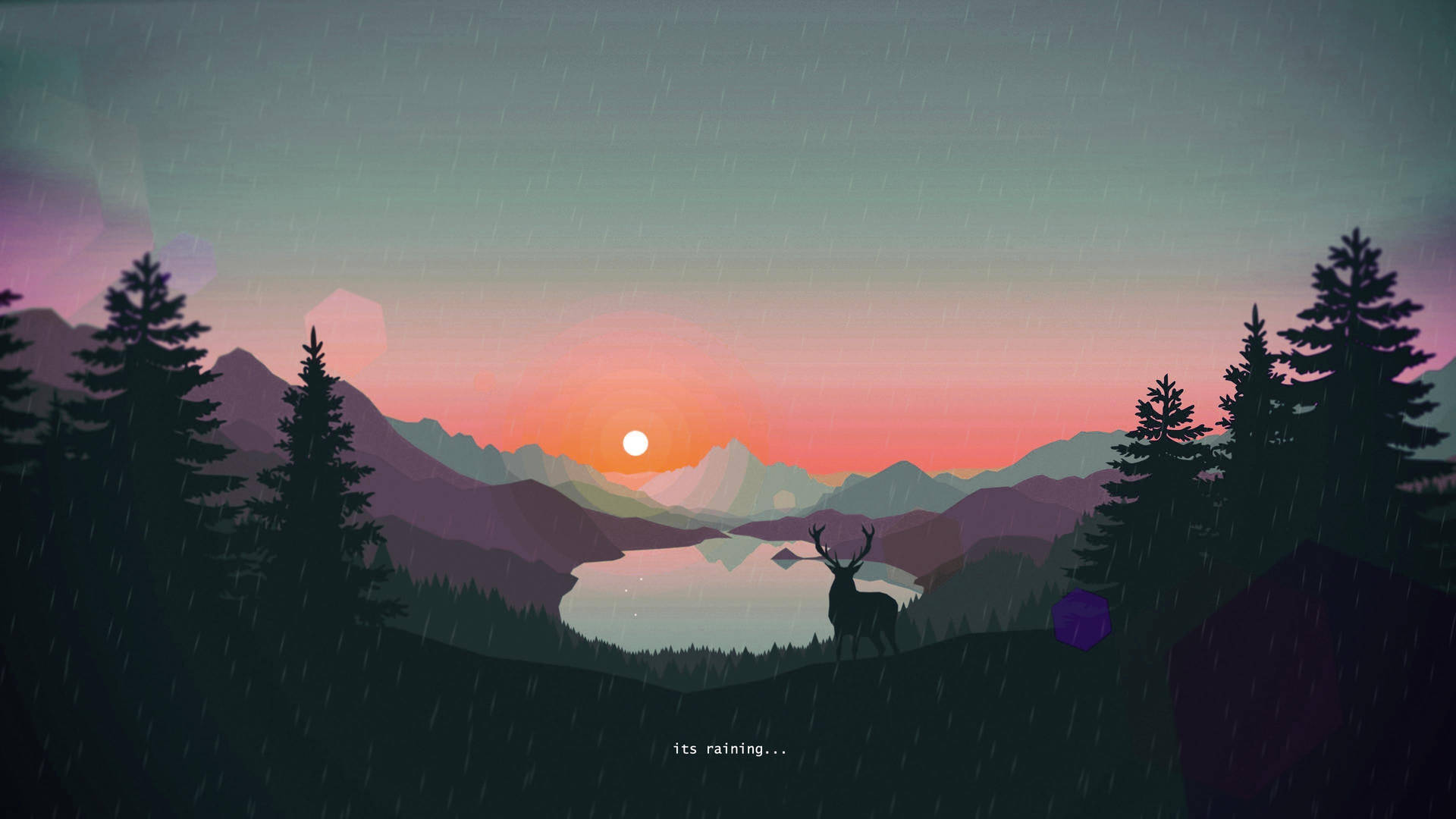 一隻鹿在日落時雨中站在湖邊，周圍是山脈和松樹。