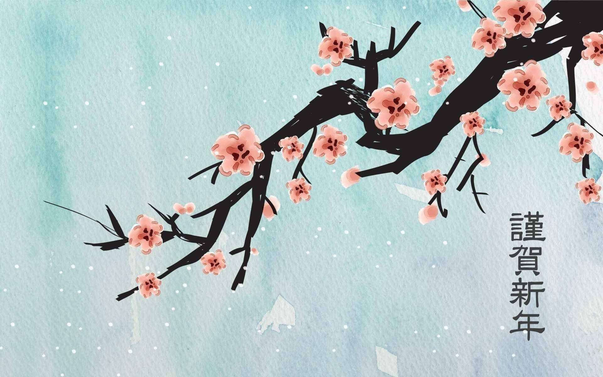 櫻花枝條上粉紅色的花朵和日本新年文字，背景是雪白的藍色。
