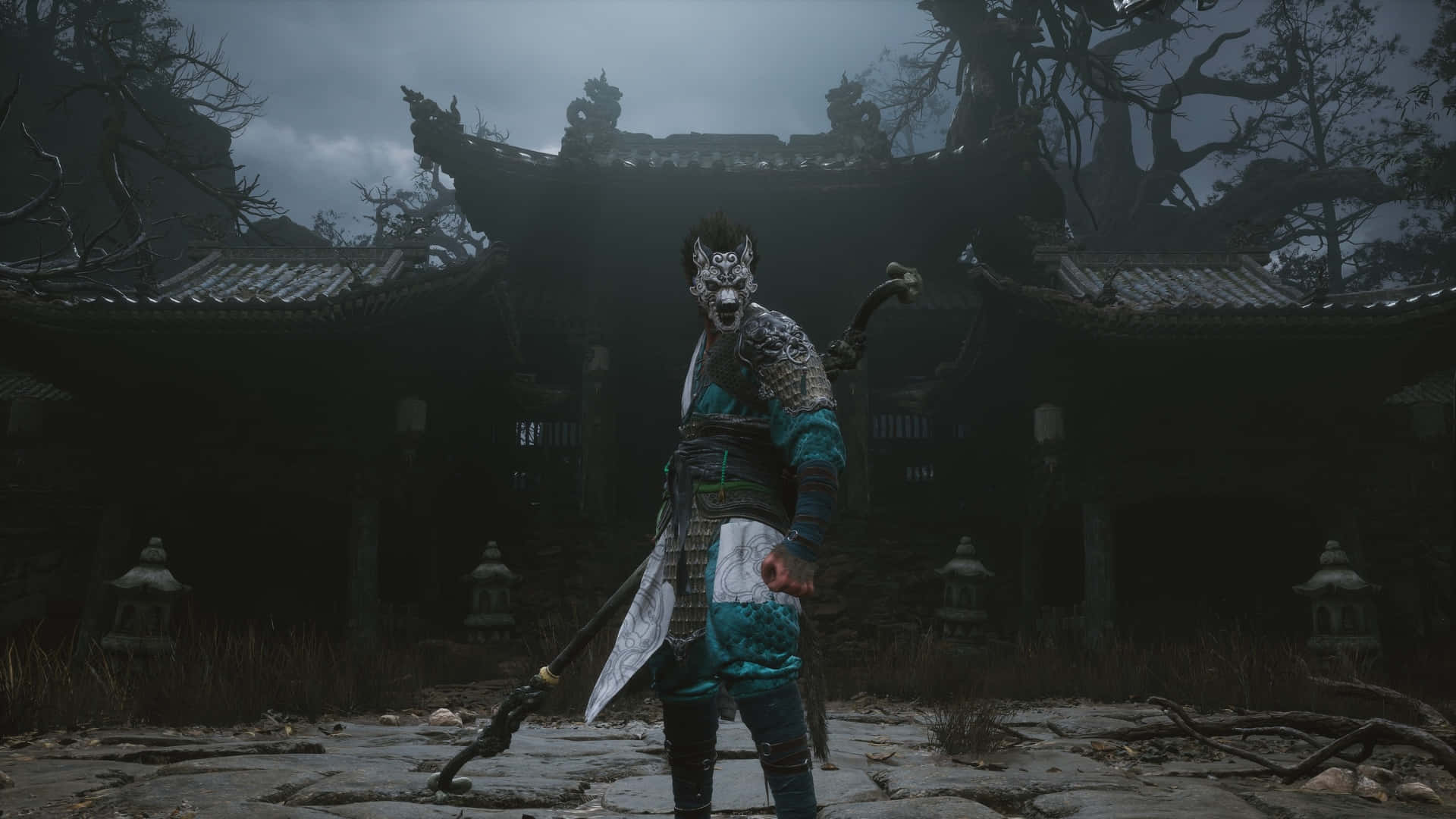  壁紙 — 一個擁有狼臉和華麗盔甲的惡魔戰士，站在陰沉天空下一個破敗的傳統東亞寺廟前。