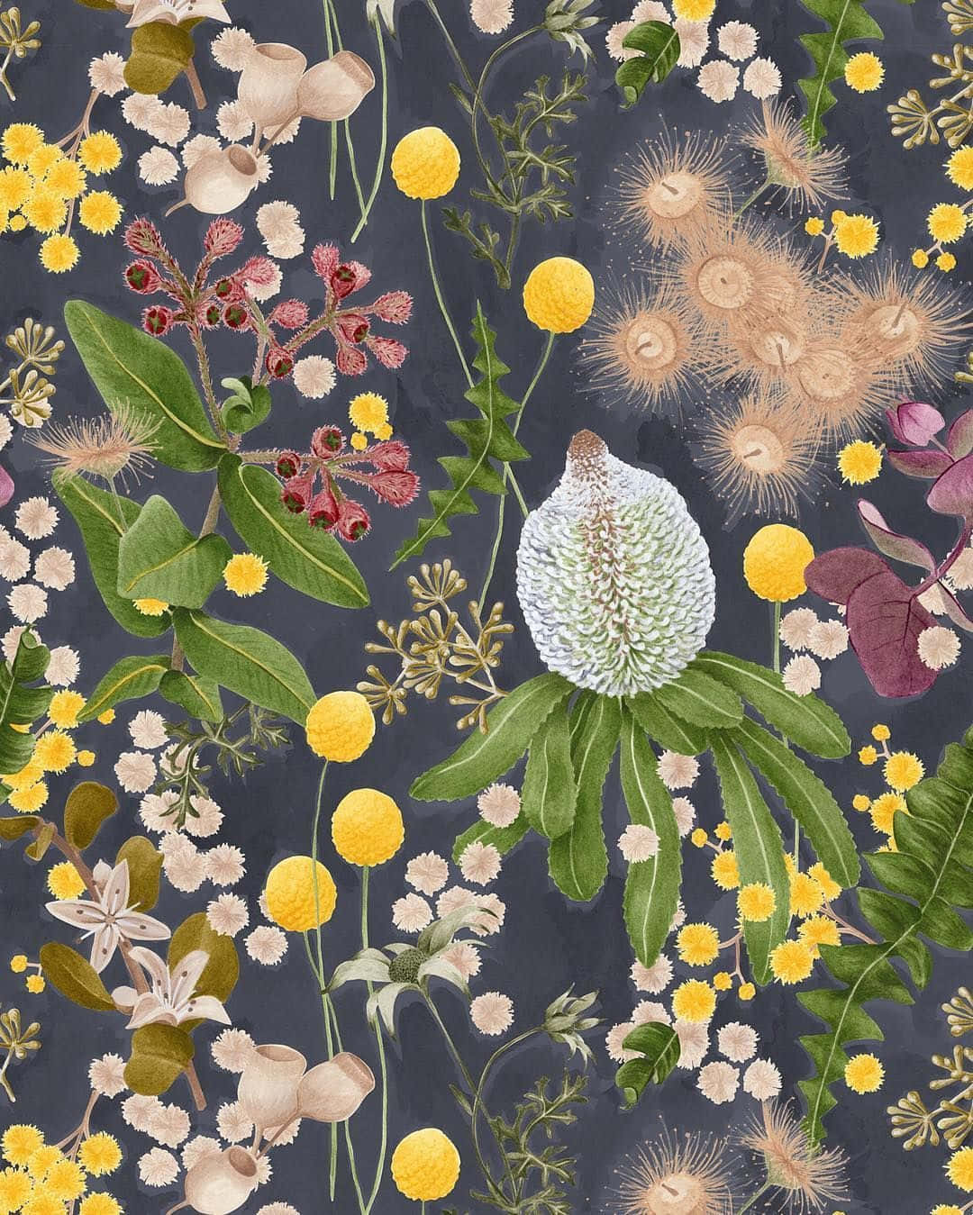 Botanical 桌布 壁紙 — 一幅密集的植物插圖，以深海軍藍背景襯托鮮黃色花朵、綠色葉片和帶紋理的花朵。
