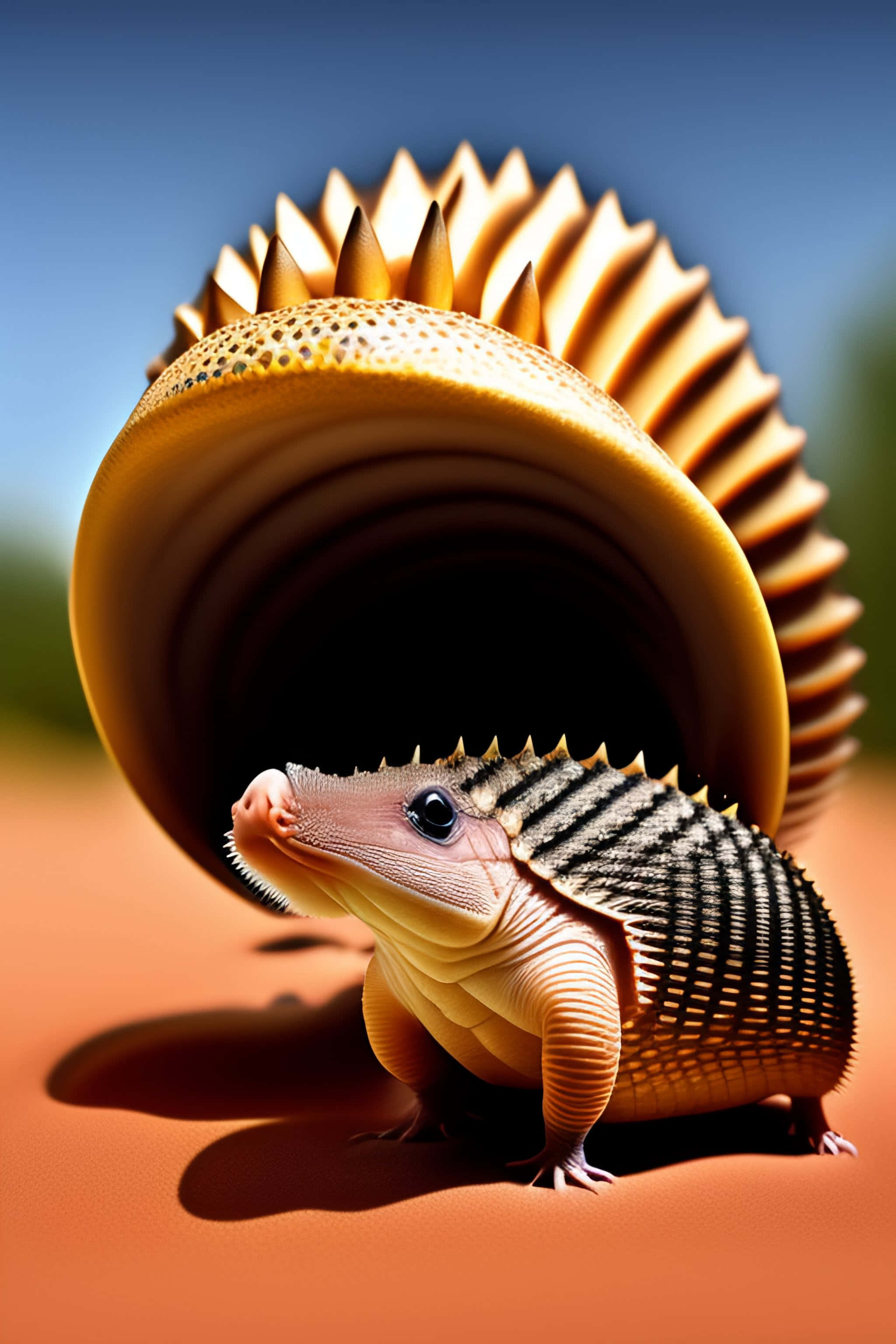 armadillo 桌布 壁紙 — 一個詳細的3D渲染，描繪一隻小針鼴在明亮陽光下從一個巨大的金色貝殼中探出頭來。