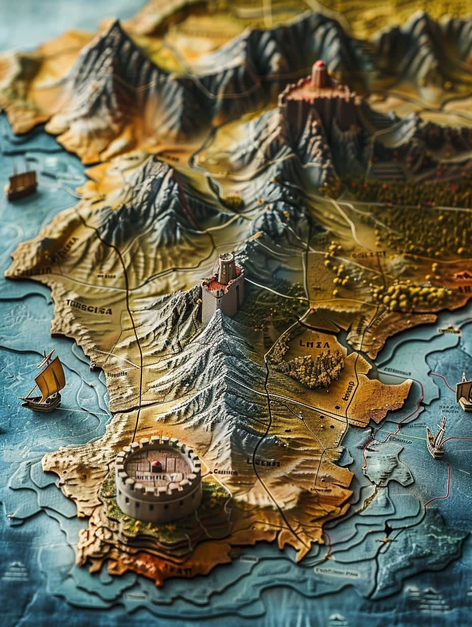  壁紙 — 一張詳細的3D渲染奇幻地圖，上面有山脈、城堡和帆船，航行在帶有紋理的藍色水域上。