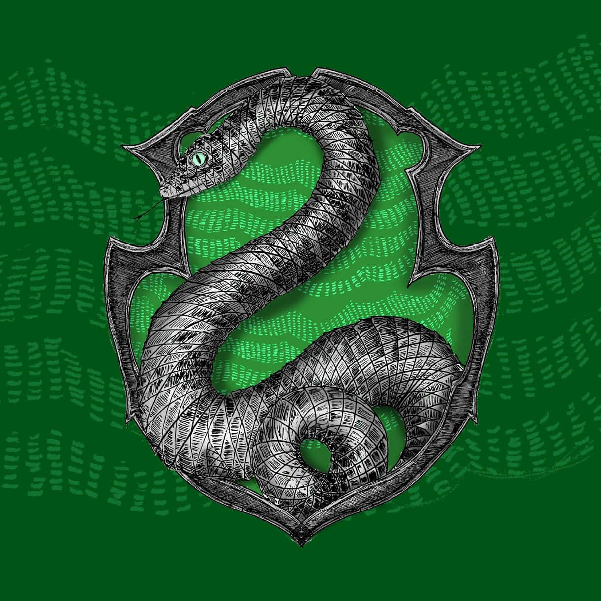  壁紙 — 一條詳細的黑白插圖蛇，盤繞成盾牌形狀，背景為有紋理的綠色。