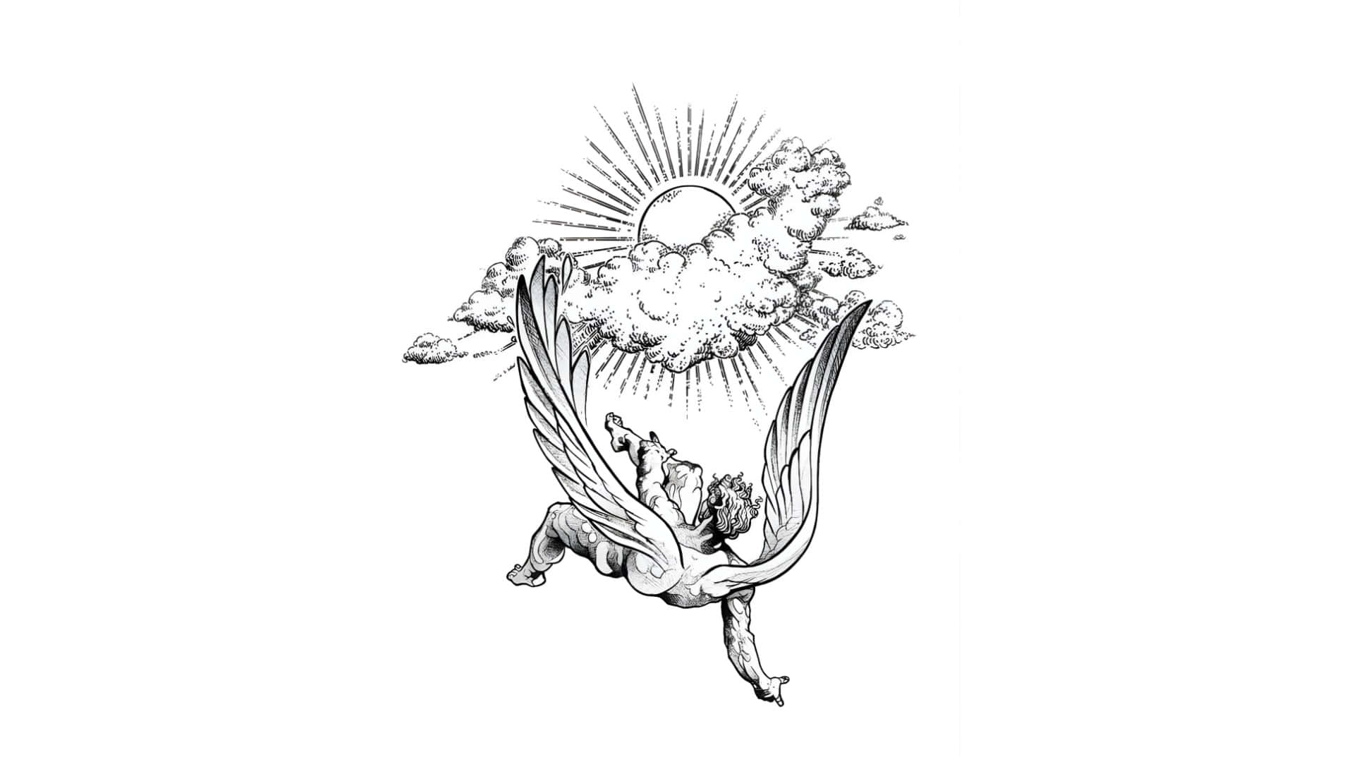  壁紙 — 一幅詳細的黑白線條畫，描繪一個有翼的人物在雲層間窺視的燦爛太陽下翱翔。