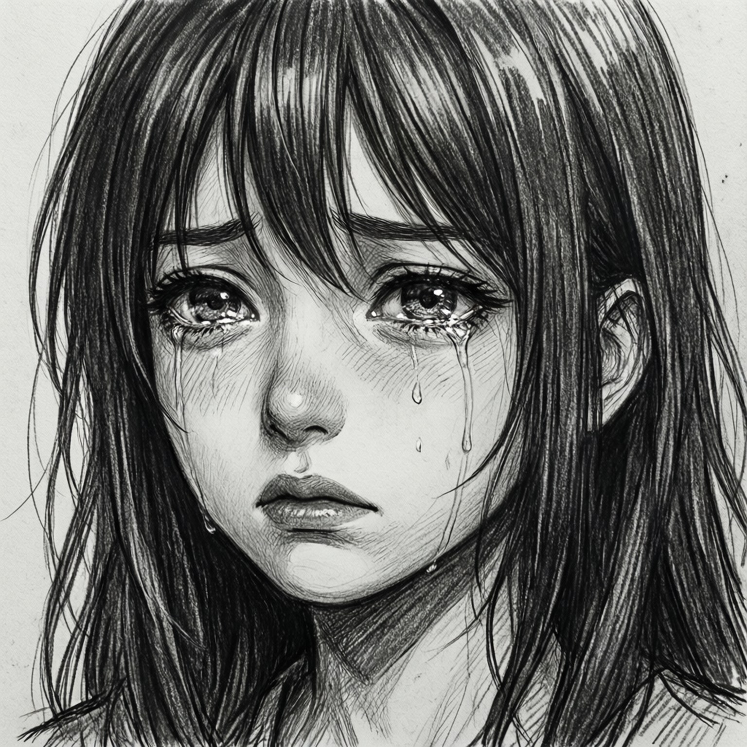 Anime Drawing 桌布 壁紙 — 一幅詳細的黑白鉛筆素描，描繪一位年輕女性，淚水順著臉頰流下，濕漉漉的劉海。