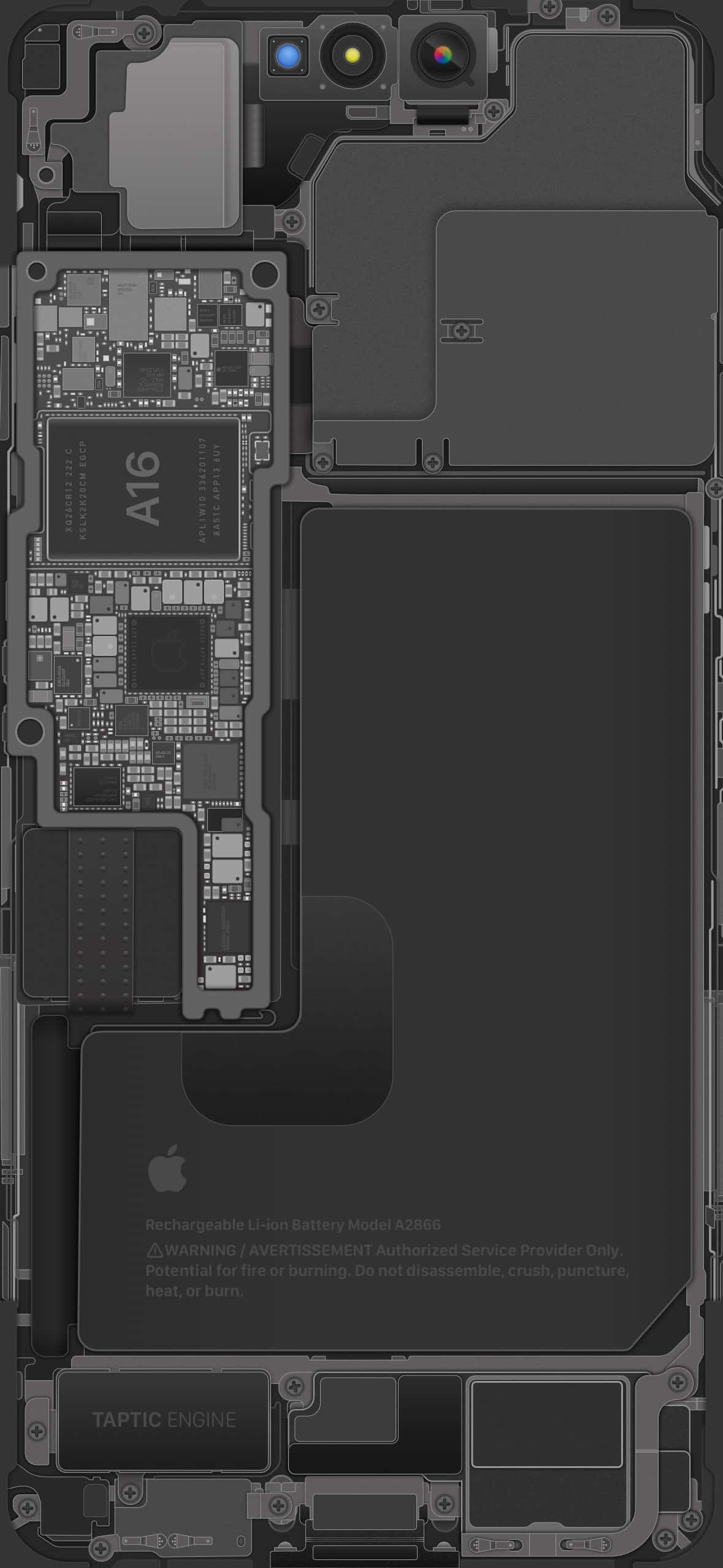 Chipset 桌布 壁紙 — iPhone內部組件的詳細灰階視圖，包括A16晶片、相機陣列和電池。