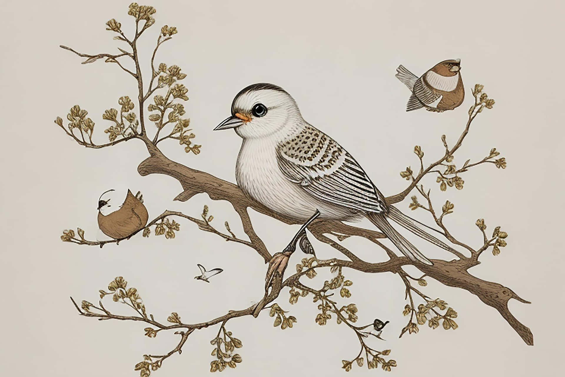  壁紙 — 一幅詳細插圖，描繪鳥兒棲息在光禿禿的樹枝上，枝頭綻放著花蕾，背景是柔和的米色。