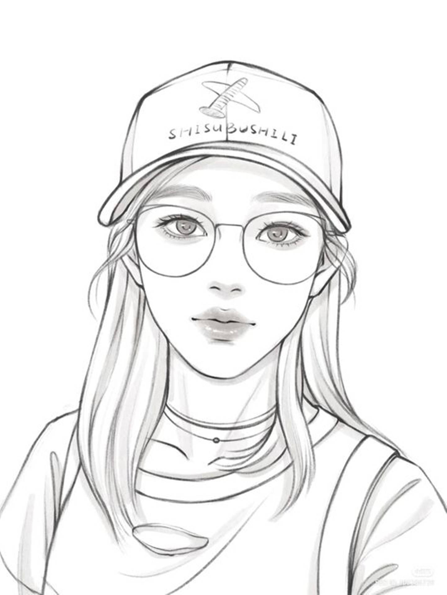 一位戴眼鏡和印有飛機標誌的帽子的年輕女子的肖像。
