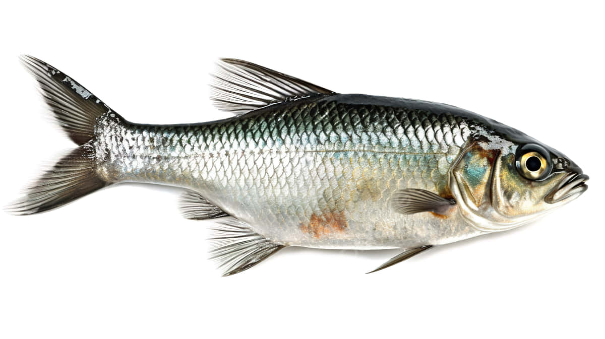  壁紙 — 一張銀色魚的詳細照片，魚鱗精細，魚鰭半透明，背景為純白色。
