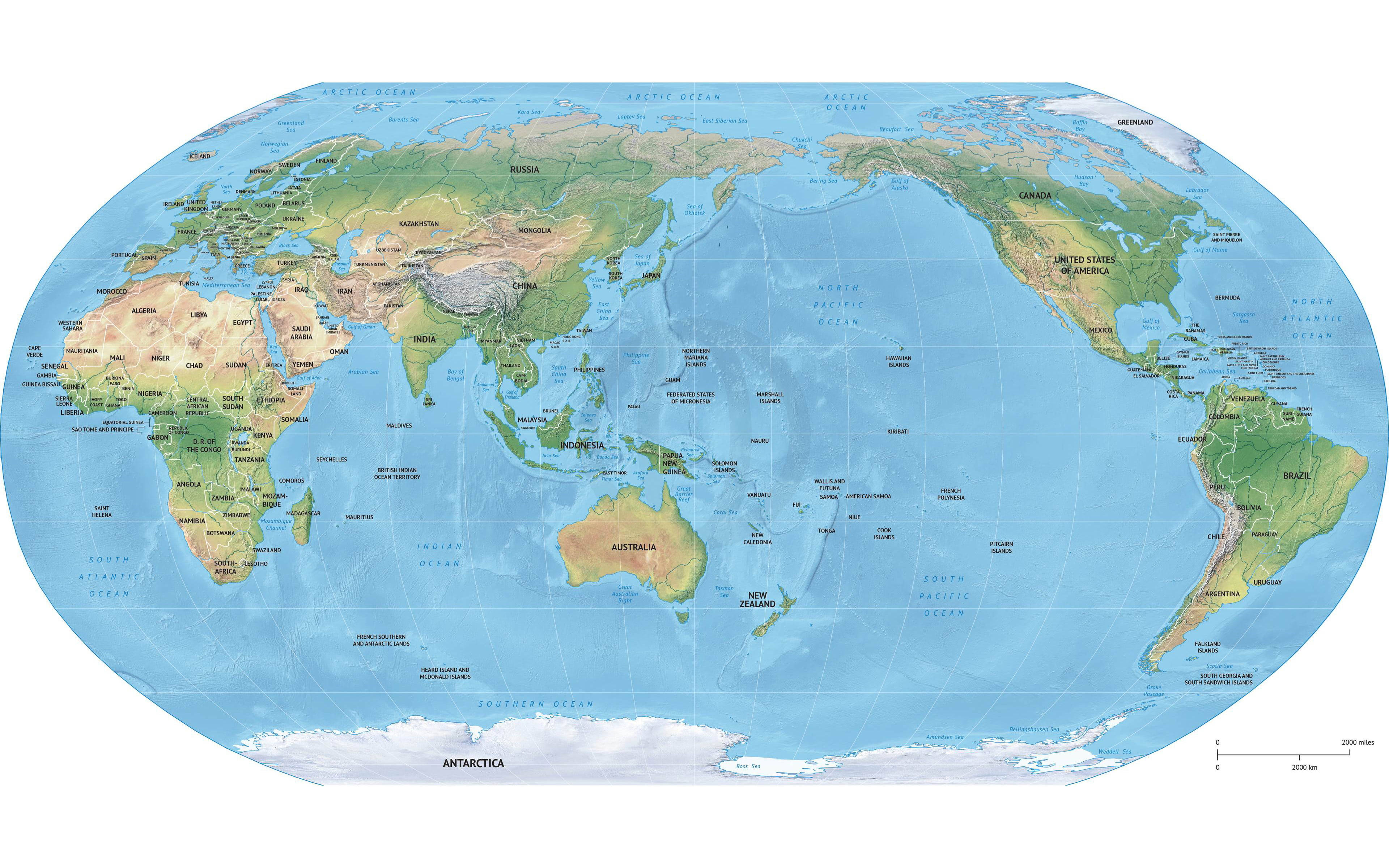 帶有大陸、海洋和國家名稱標籤的政治世界地圖。