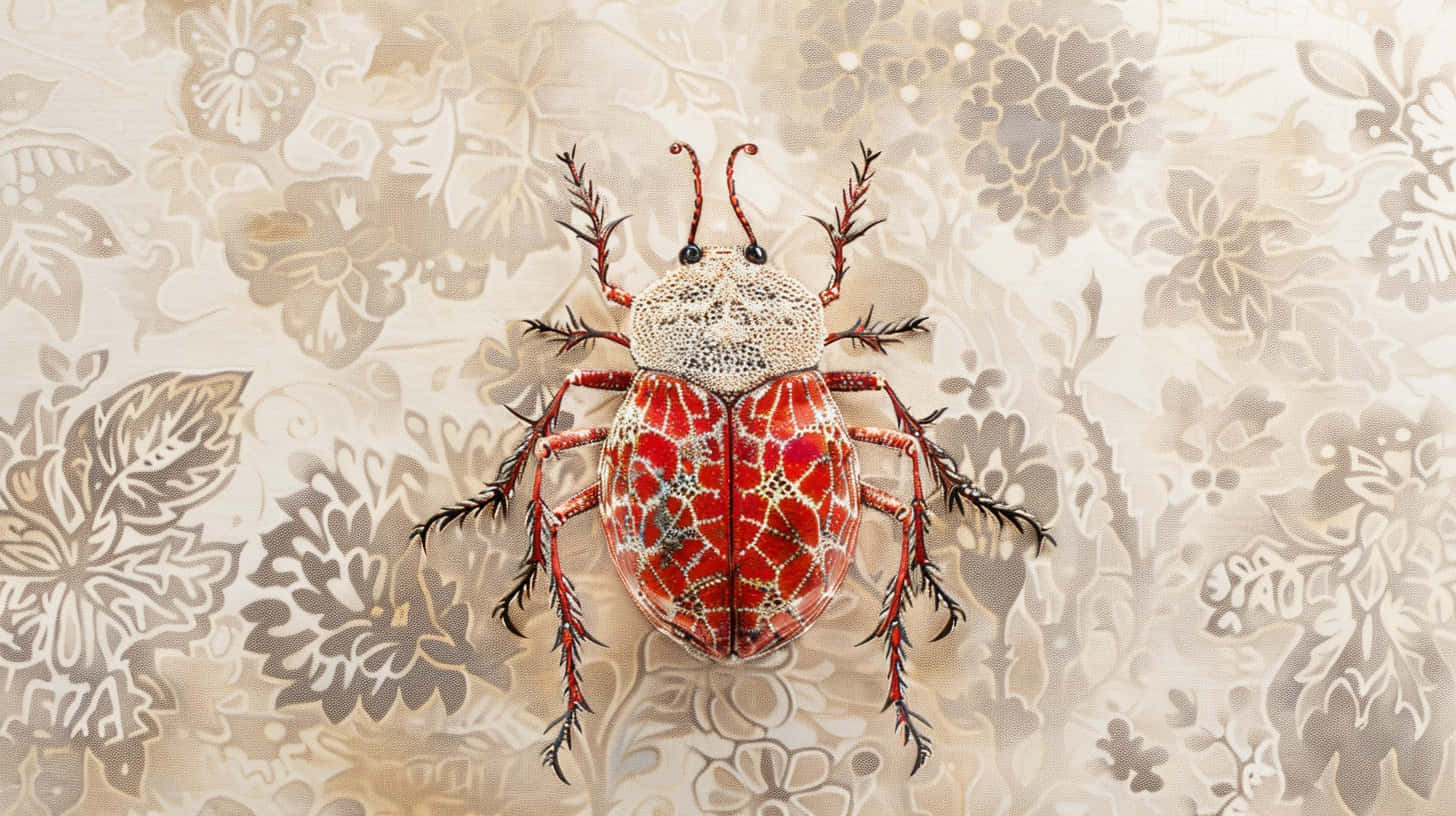  壁紙 — 一隻細節豐富的紅白甲蟲，帶有複雜圖案，停留在米色花卉壁紙背景上。