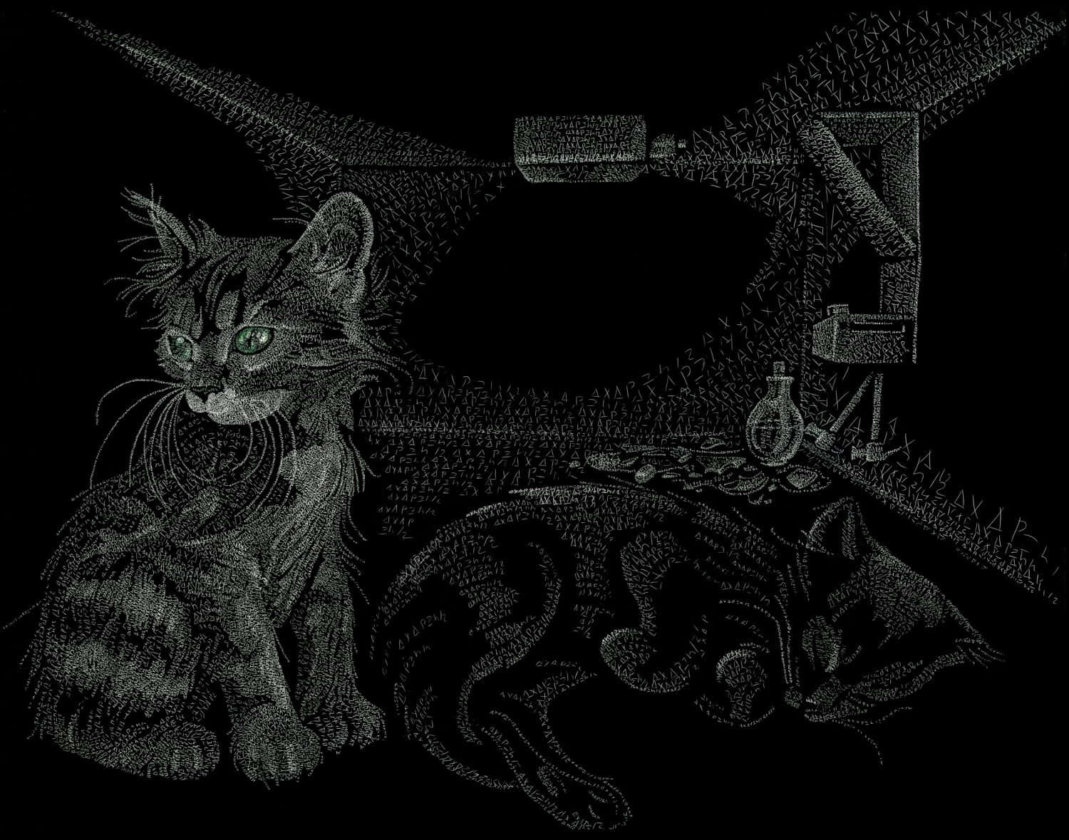  壁紙 — 一幅詳細的字體插圖，描繪了兩隻在黑色背景上擁有發光綠色眼睛的貓。