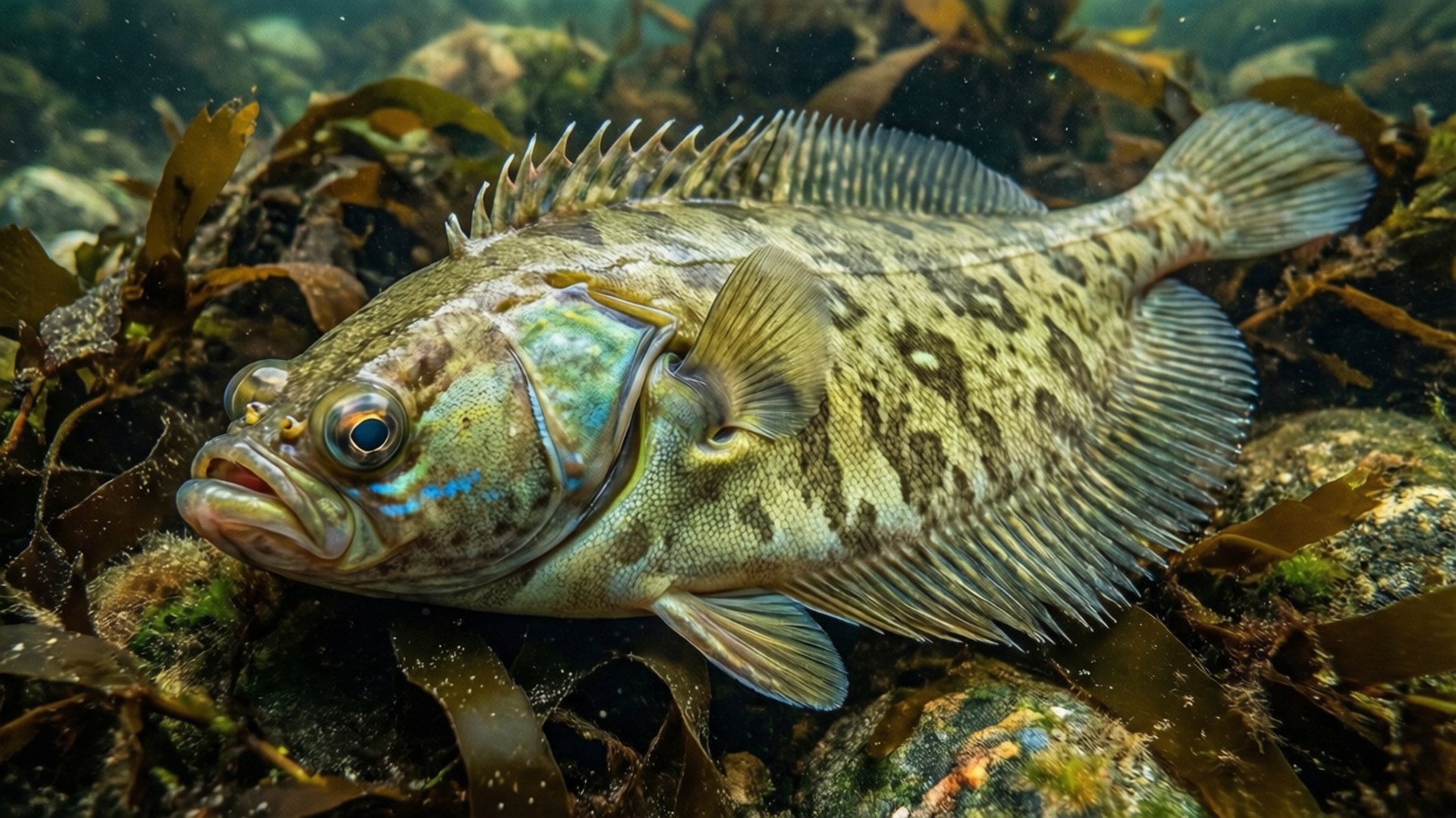 比目魚偽裝在水中的海藻和岩石之間