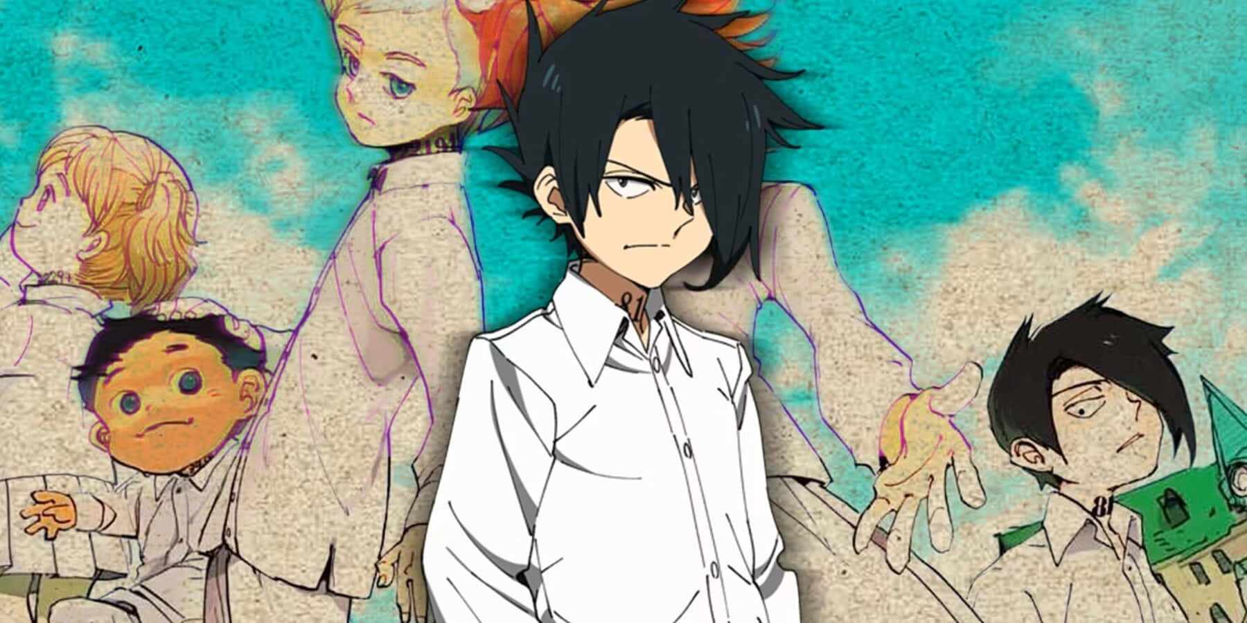 The Promised Neverland Ray 桌布 壁紙 — 一個堅定的動畫男孩穿著白色襯衫，站在中央，背景是帶有紋理的青綠色和米色，還有其他四個孩子。