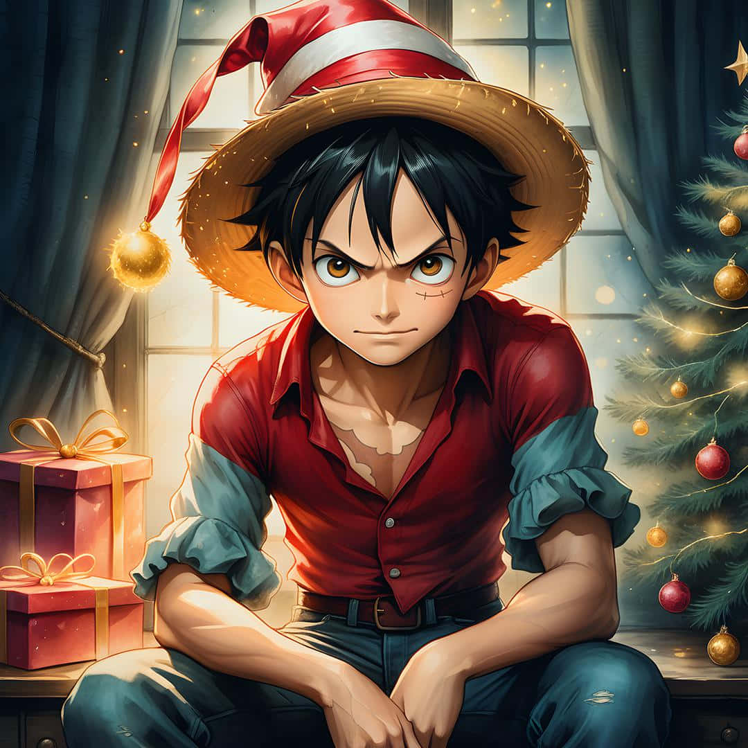 One Piece Christmas 桌布 壁紙 — 一個堅定的動畫男孩，戴著草帽和紅色襯衫，坐在裝飾好的聖誕樹旁，附近有禮物。