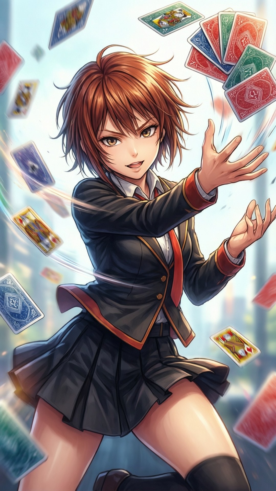 穿著校服的動畫女孩用魔法能量控制漂浮的撲克牌。