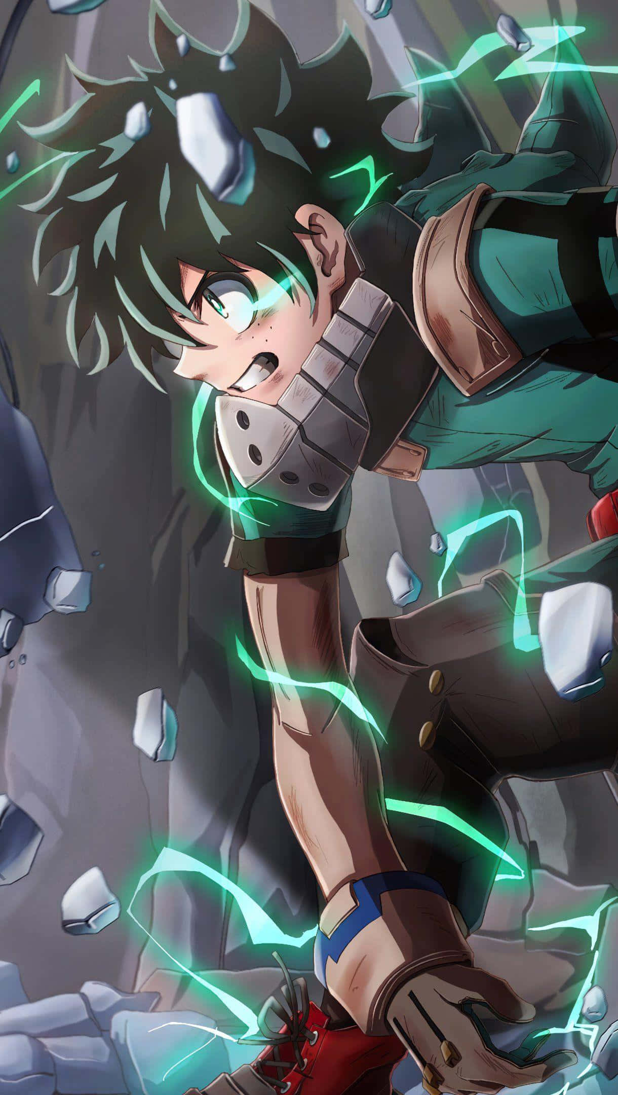 Dark Deku 桌布 壁紙 — 一位決心堅定的動漫英雄，擁有刺蝟般的黑色頭髮，發光的綠色能量在他周圍劈啪作響，他正衝破石頭碎片。