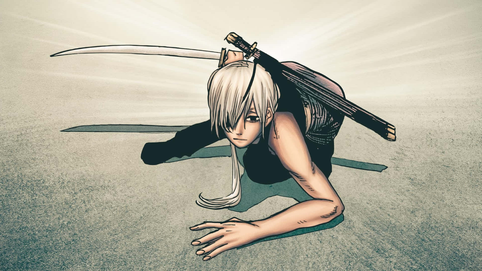  壁紙 — 一個堅定的白髮動漫戰士在荒涼的沙地景觀中手持武士刀向前爬行。
