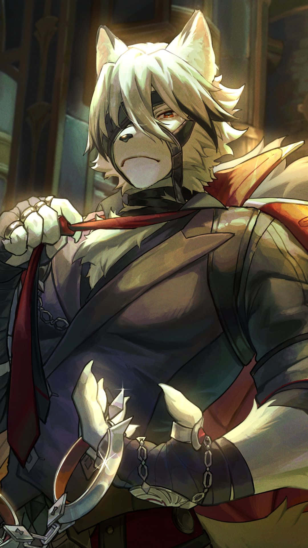  壁紙 — 一個堅定的擬人化狐狸戰士，白髮紅眼，在昏暗的哥德式房間中握著劍。