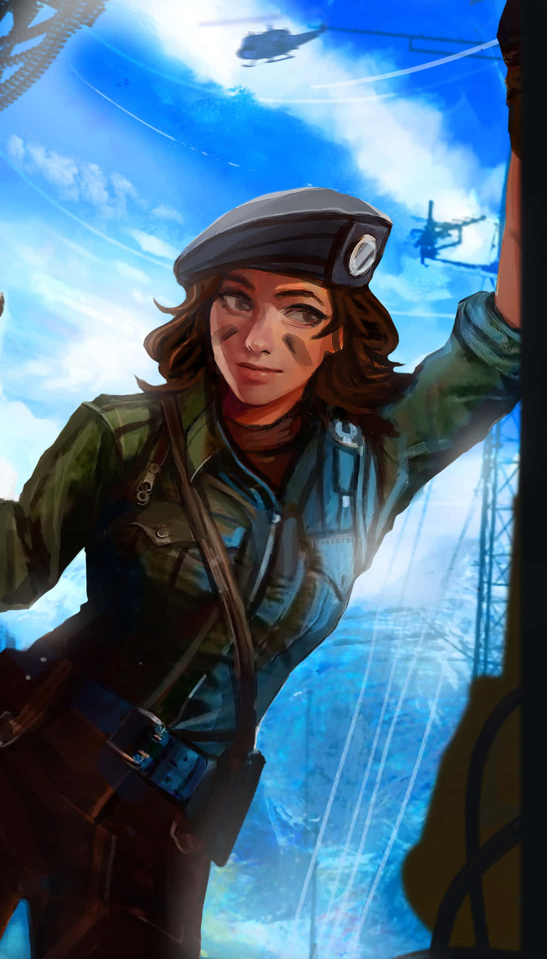  壁紙 — 一位堅定的女兵穿著軍裝，自信地站在明亮的藍天下，直升機在頭頂飛過。